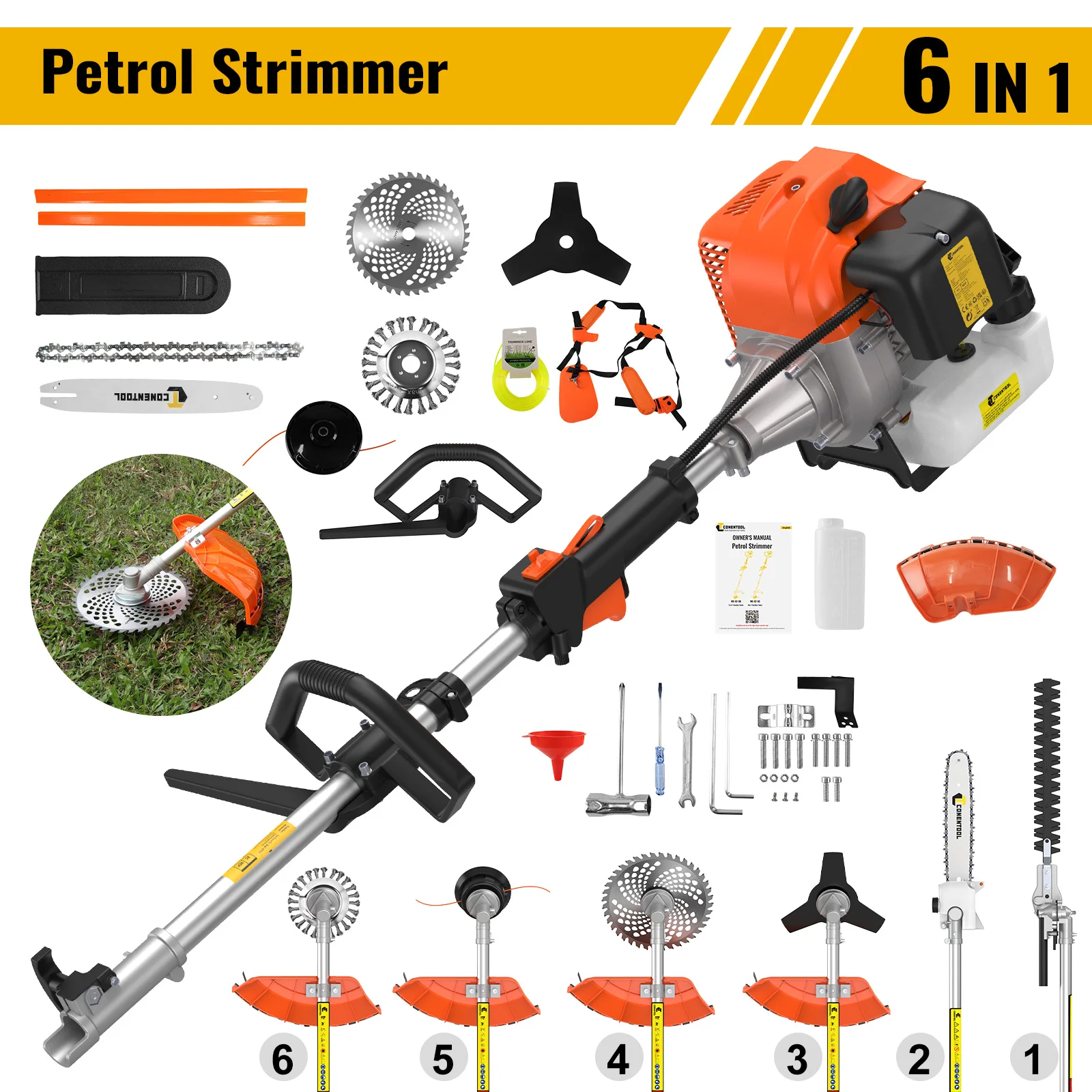 CONENTOOL 52CC hochwertiger 6-in-1-Zweitaktmotor, multifunktionaler Rasenmäher/Rasentrimmer, geeignet für Bauernhöfe und Gärten.