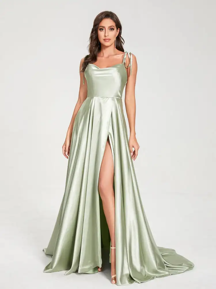 Women Spaghetti Strapss Satin Prom Dresses With Split Side backless Long Party Dresses with Pockets Elegant Formal Gowns