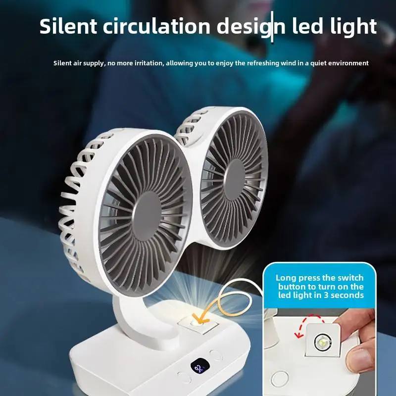 New Double Head Desktop Fan 4-Gears Wind Fast Cooling Digital Display 8000mAh Household Adjustable Direction Shaking Head Fan