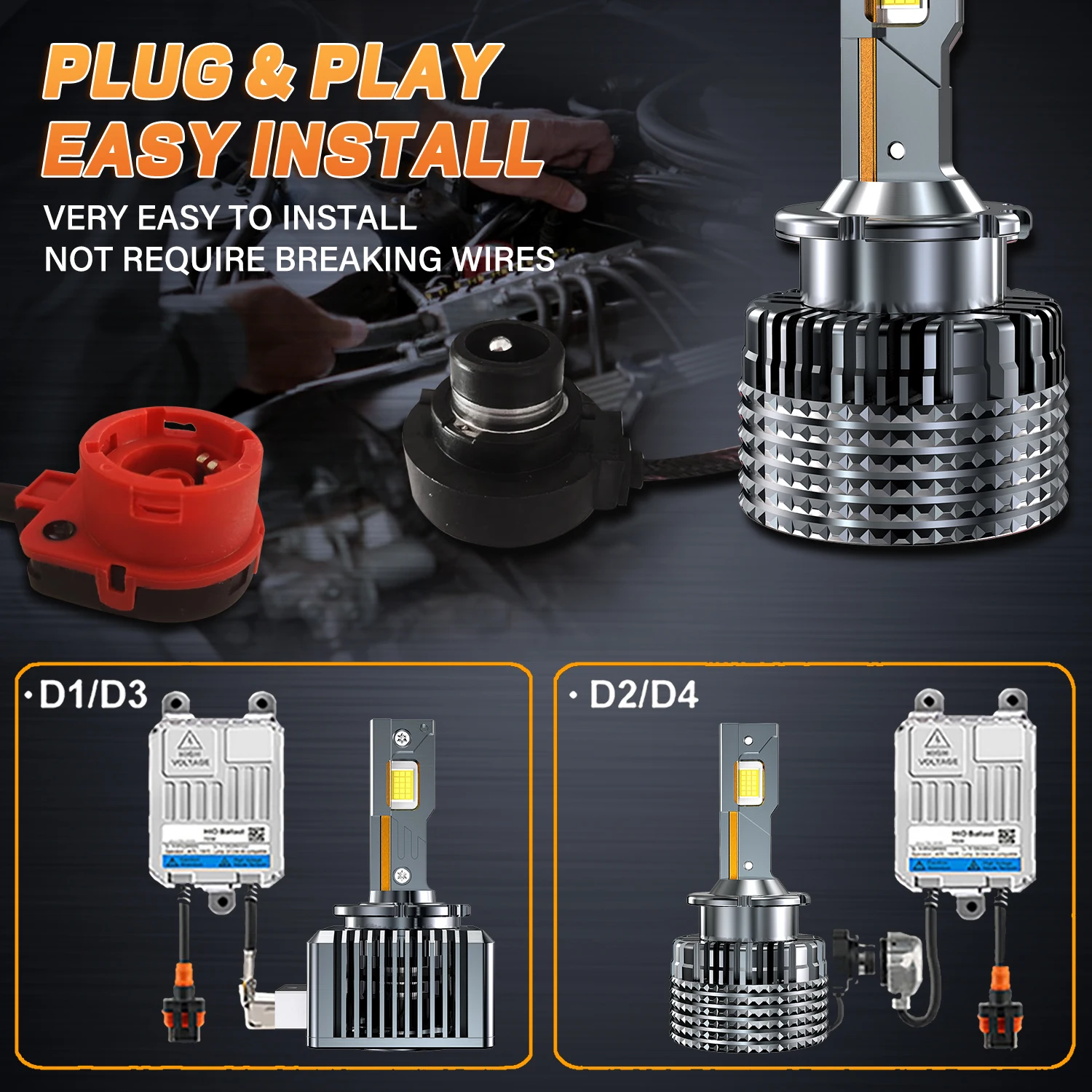 ハイパワーLEDカーヘッドライト,120w,12000lm,d1s,d2s,d3s,d4s,d8s,ターボランプ電球,4300k,cspチップ,デュアル銅管ライト,プラグおよび再生