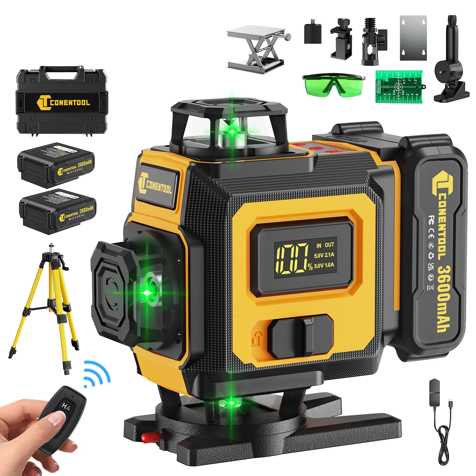 CONENTOOL 16 lijnen 4D-laserniveau Zelfnivellerende horizontale verticale kruislijnlaser met statief High Power Beam-meetinstrument