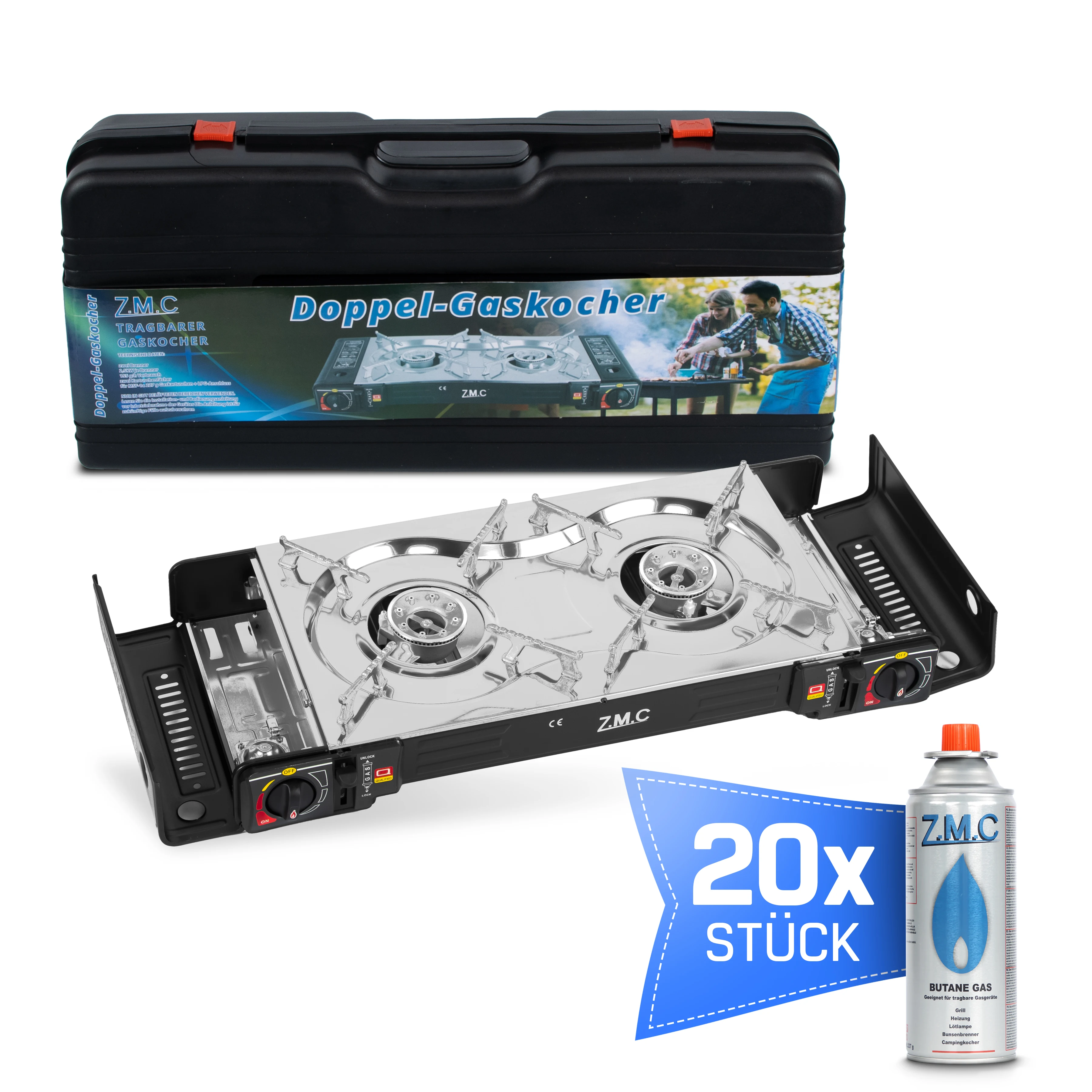 ZMC roestvrijstalen campinggasfornuis, 2-pits model met piezo-ontsteking, inclusief LPG-adapter, draagtas, inclusief 20x227g gaspatronen - campingfornuis ideaal voor buitengebruik, kamperen, de tuin