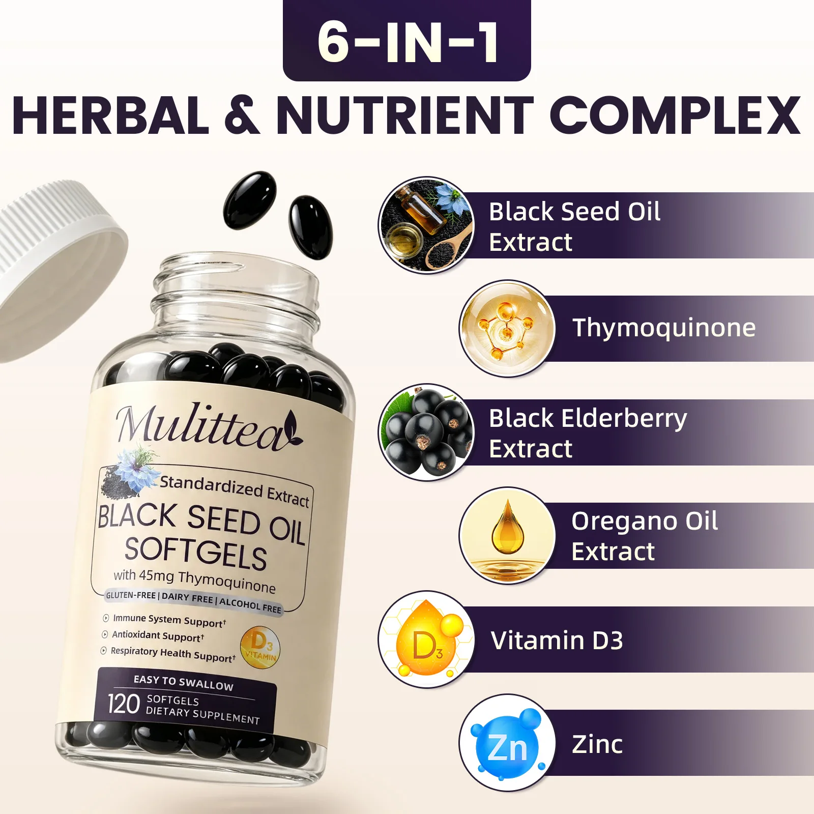 Mulittea Black Seed Oil Soft Capsules Immune System Support Antioxidant Support Respiratory Health Support Standardized Bioactives GLUTEN-FREE | DAIRY FREE | ALCOHOL FREE