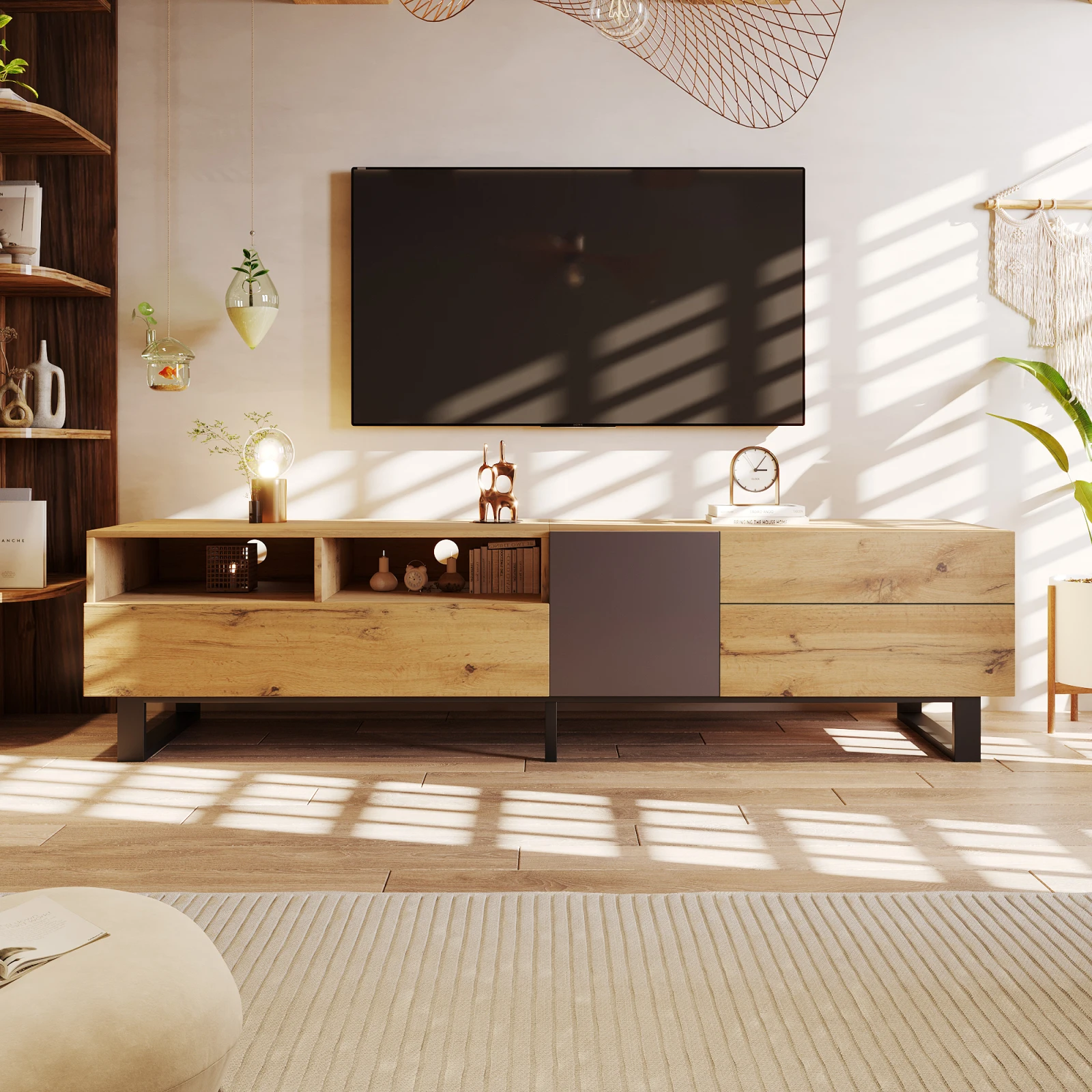 Comanlai 180 x 38 x 50 cm moderner farbblockierender TV-Schrank, Mehrzweckschrank, mit Holzmaserungs-Finish für Wohnzimmer und Schlafzimmer