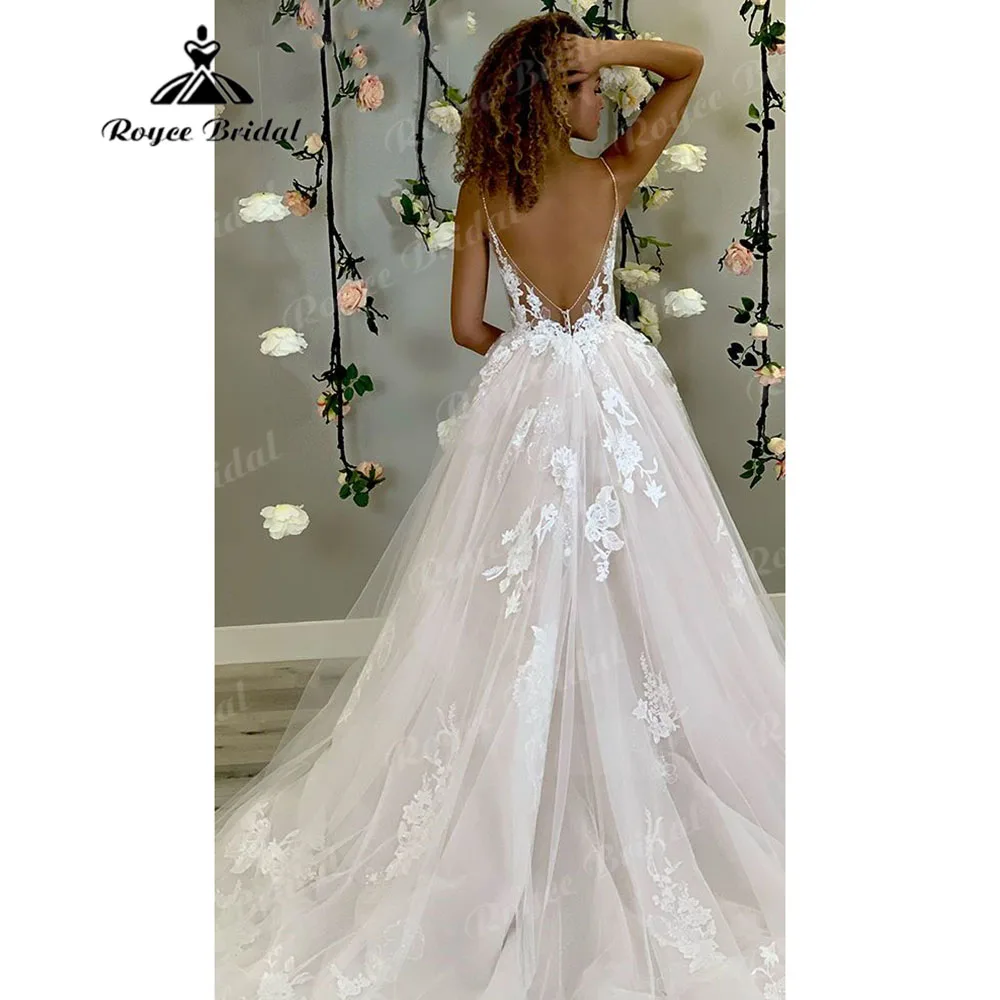 Robe Mariee Sexy Boho Glitter Lace Beach V neck Wedding Dress for Women 2025 Spaghetti Straps Bridal Gown Customized Open Back