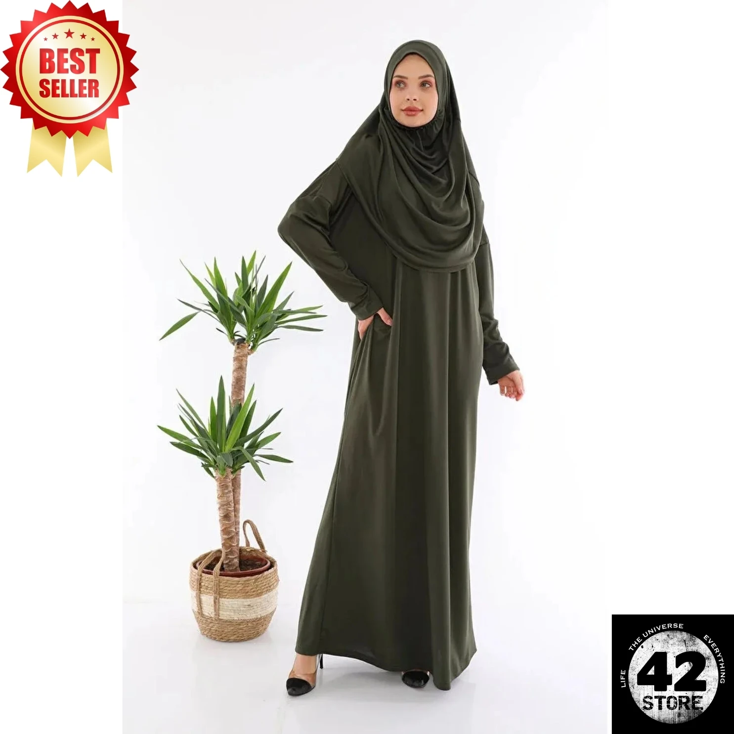 Muslim Fashion Dark Green One Piece Length Prayer Dress