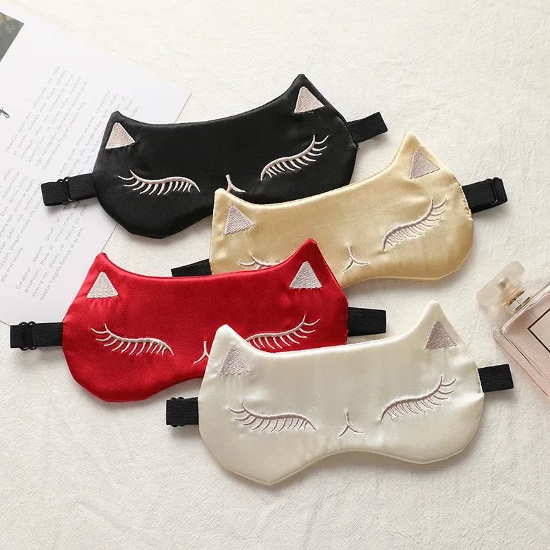 Maska na oczy do spania na noc Uroczy kot Jedwabna osłona oczu do spania Plastry podróżne na oczy Nap Shade Blindfold Women Eyeshade — zdjęcie 2