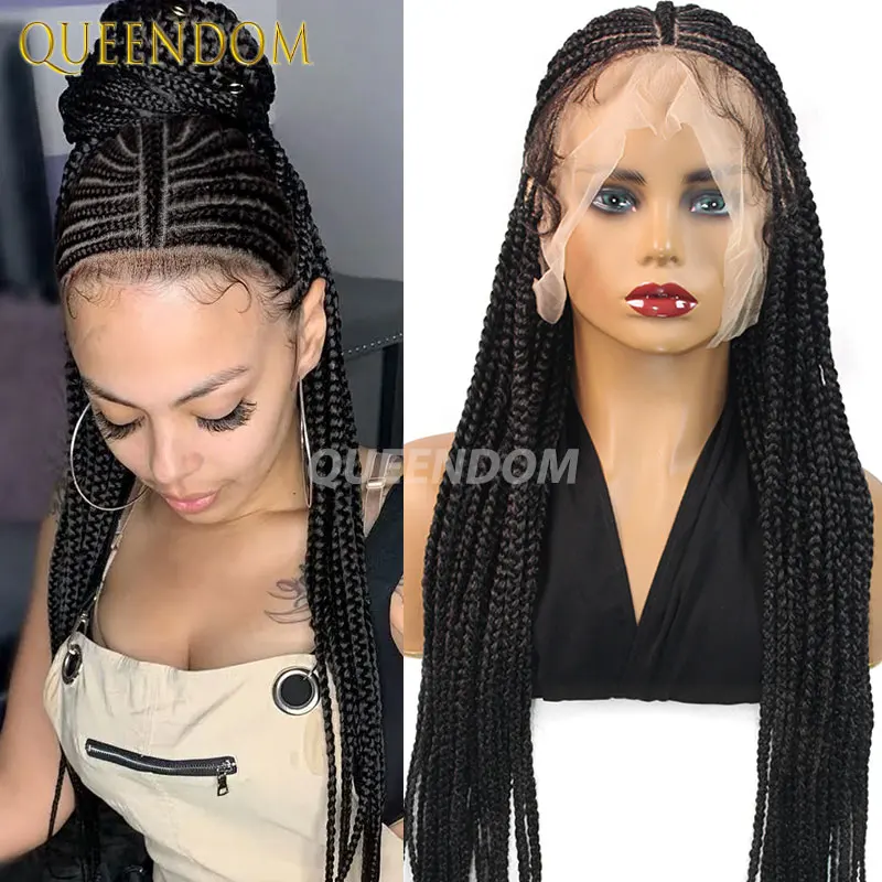

Плетеный парик Cornrow Box 32 дюйма Синтетические полные парики фронта шнурка Племенные косы для африканских женщин Парик Jumbo Braids Faux Locs Braid Wigs