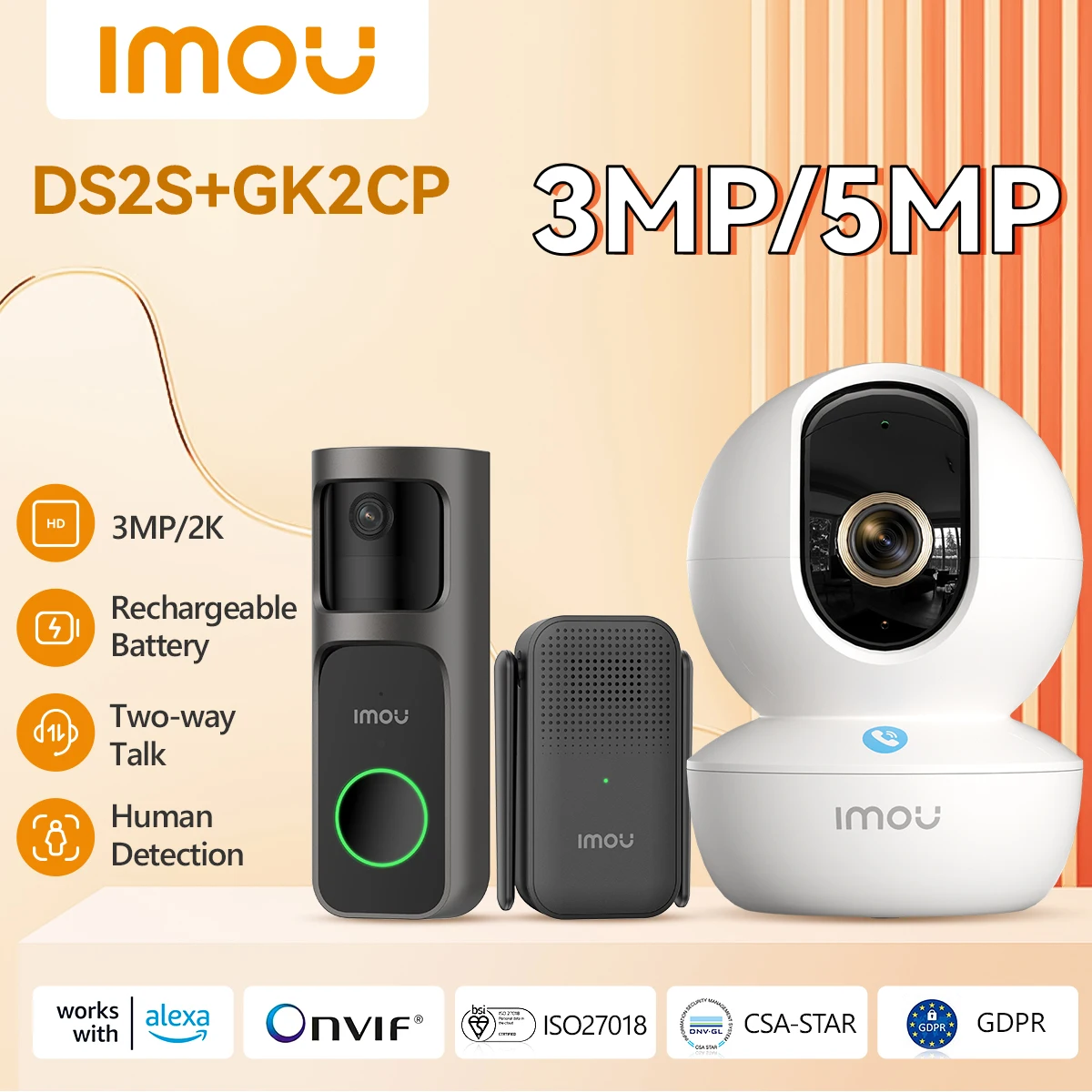 IMOU 3-мегапиксельный видеодверной звонок 2S Kit Add Ranger RC WiFi Smart Video Intercom Переменный голосовой звонок для обнаружения человека Дверной звонок с перезвоном