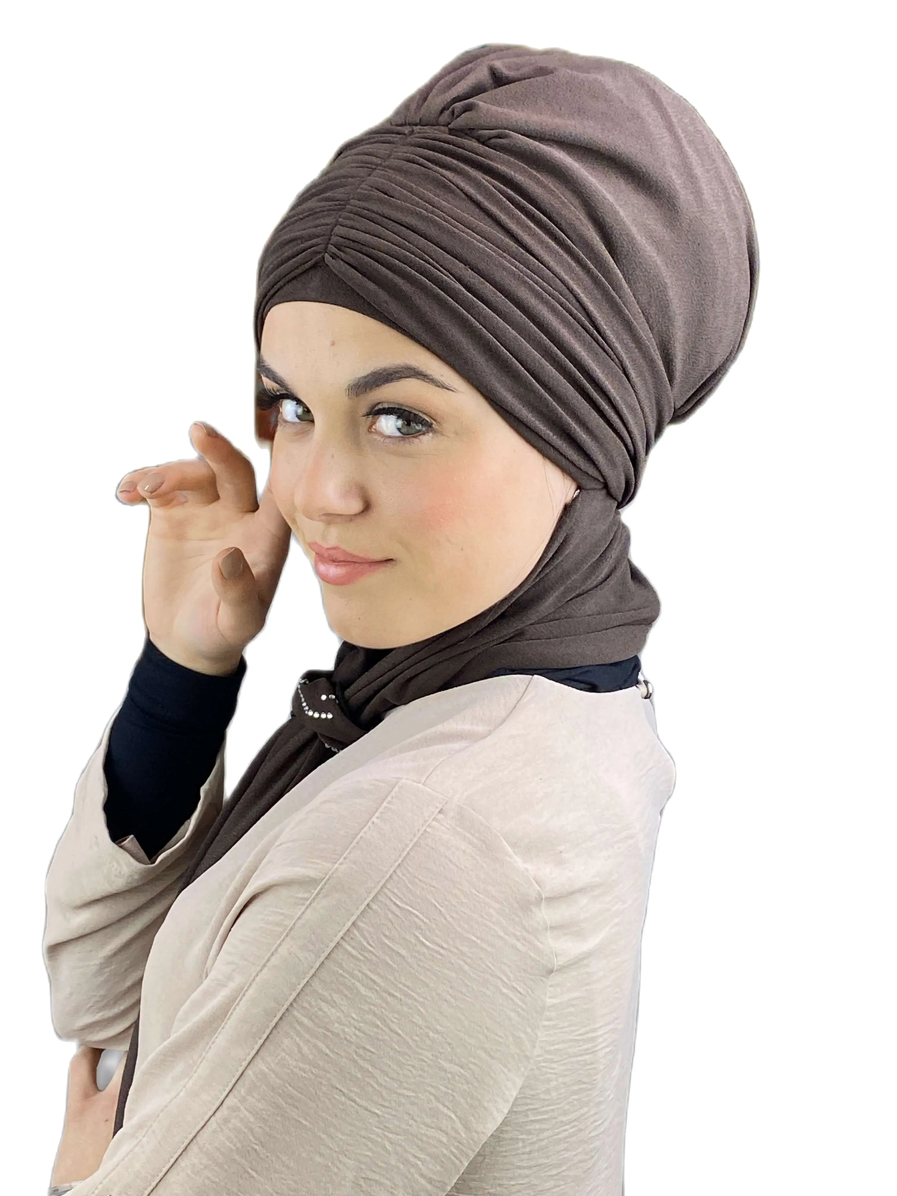 2023 New Fashion Hijab Ready Made Turban Woman\'s Hat Cancer Kemo Beret Beanie Foulard Chiffon Scarf Pleated Brown Cap Shawl