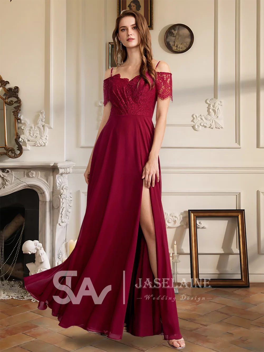 B Bridesmaid Dresses A-Line V-Neck Floor-Length Lace Chiffon Spaghetti Straps Wedding Guest Evening Party Cocktail Dresses