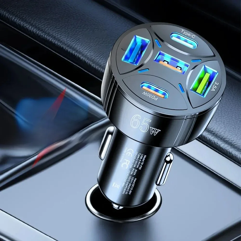 Chargeur de voiture USB 5 ports 65W, Type C, charge rapide PD QC3.0, pour iPhone Xiaomi Huawei Samsung