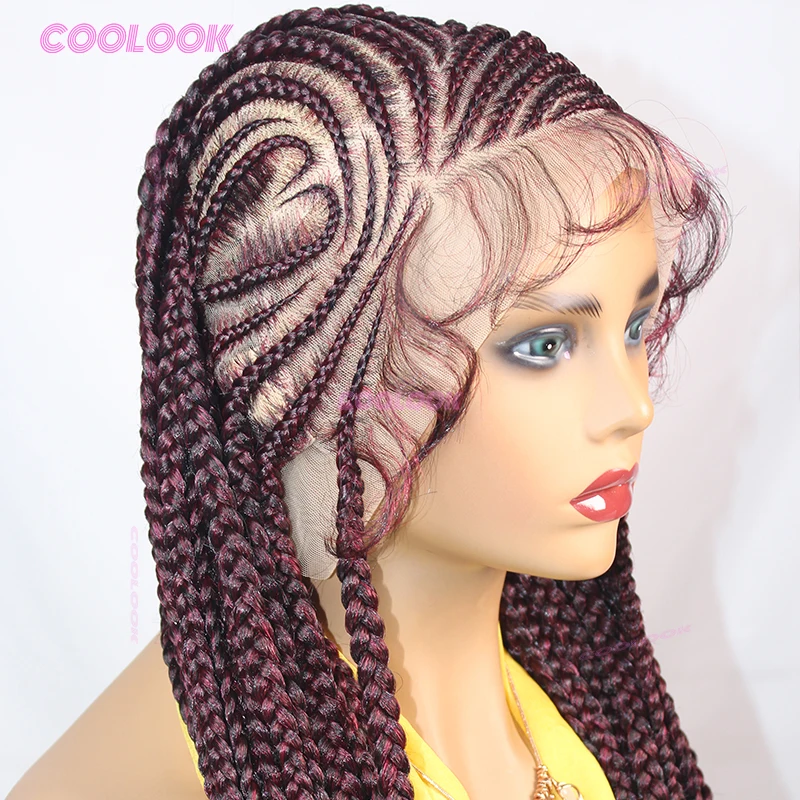 36" 1BBurgundy Heart Cornrow Braids Wigs Synthetic Braided Wigs For Women Knotless Box Braid Wig Full Lace Braided Wigs