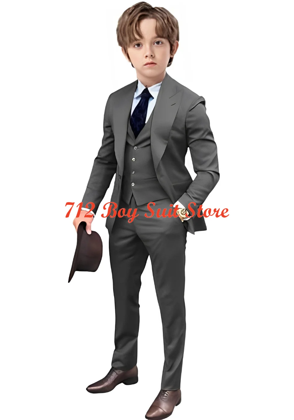 Terno smoking de casamento para meninos, 3 peças com colete blazer e calças, roupa infantil slim fit