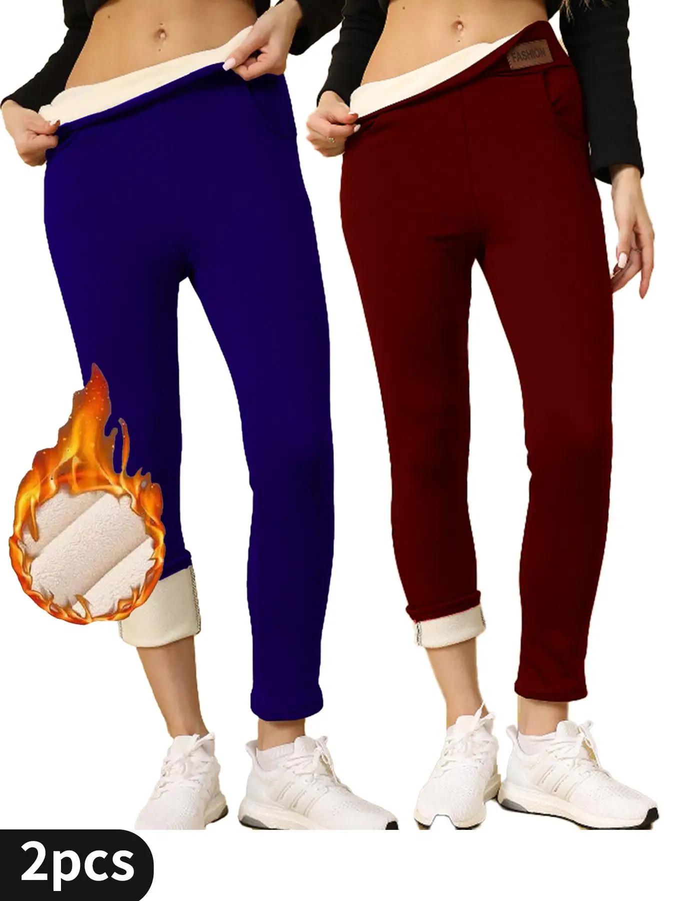 2-Pack المرأة عالية الخصر مبطنة بالصوف السراويل البحرية الأحمر الحراري طماق بسط مبهمة قيعان الشتاء الدافئة لصالة عادية S #1