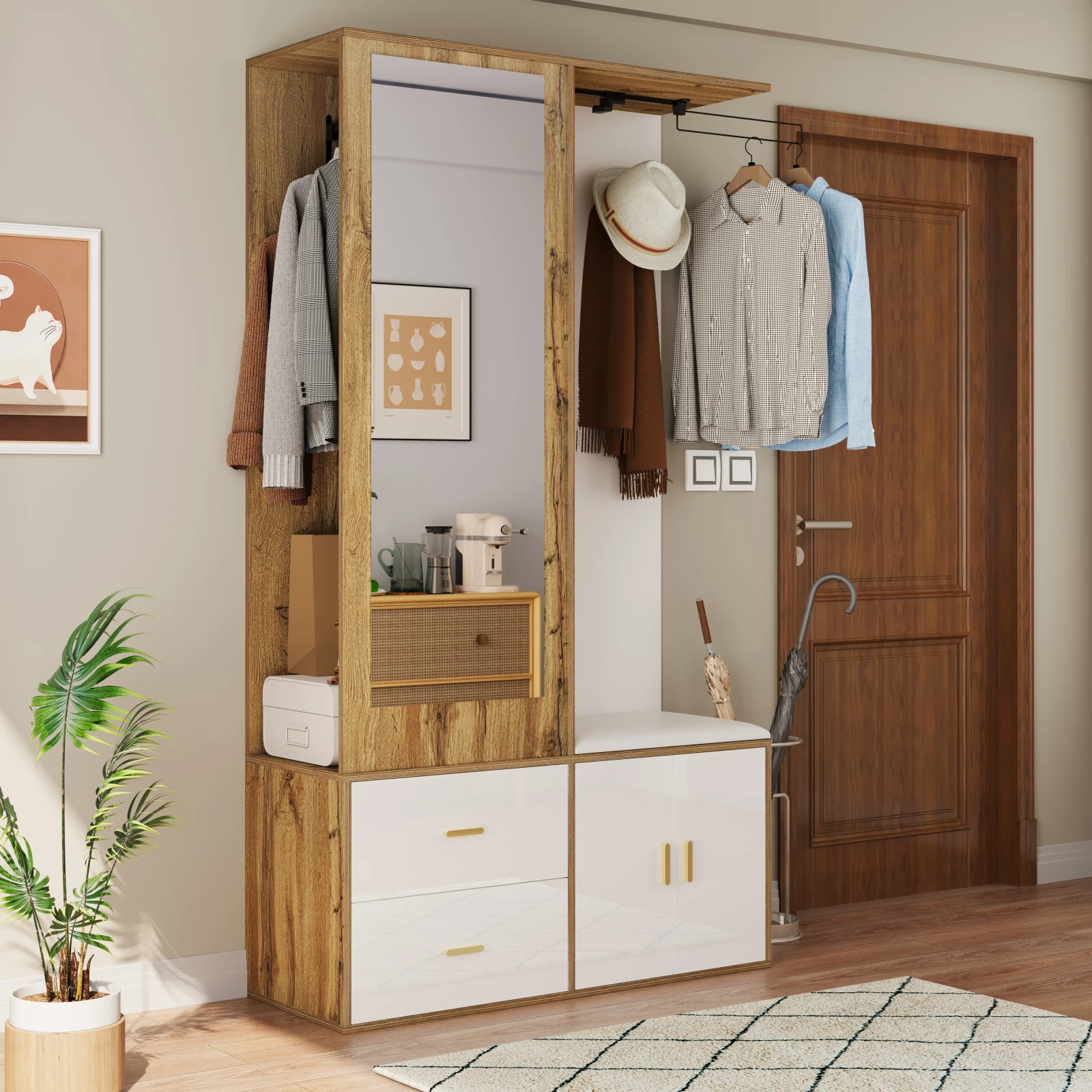 Anajqaqia Kleiderschrank, 100 x 38 x 180 cm, mit Spiegel, Aufbewahrungsschubladen, Schuhbank, Schuhregal mit Haken und ausziehbarer Kleiderstange