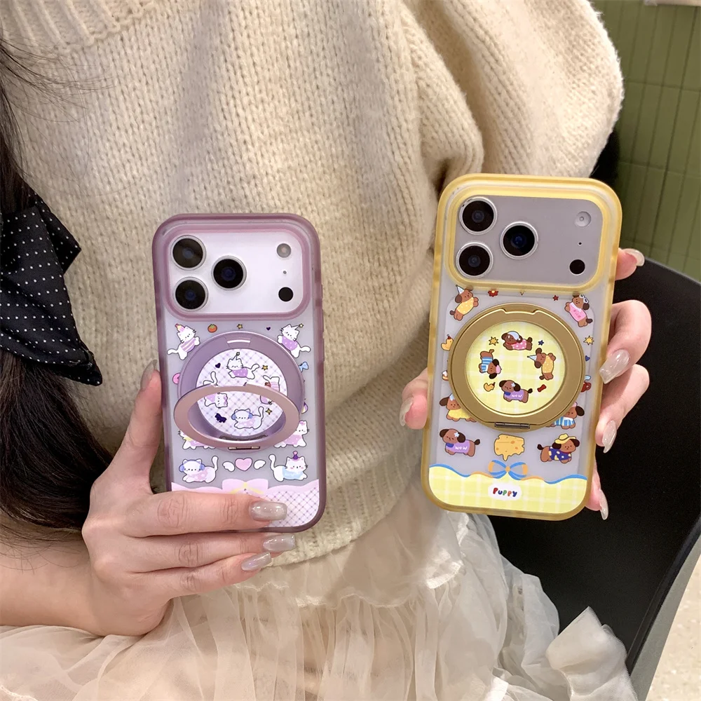 

New Cute Kitten Puppy Cartoon Phone Case For iPhone 15 Pro 16 Pro Max 17 Case with 360° Stand Korean Shockproof Cover For 17 Max