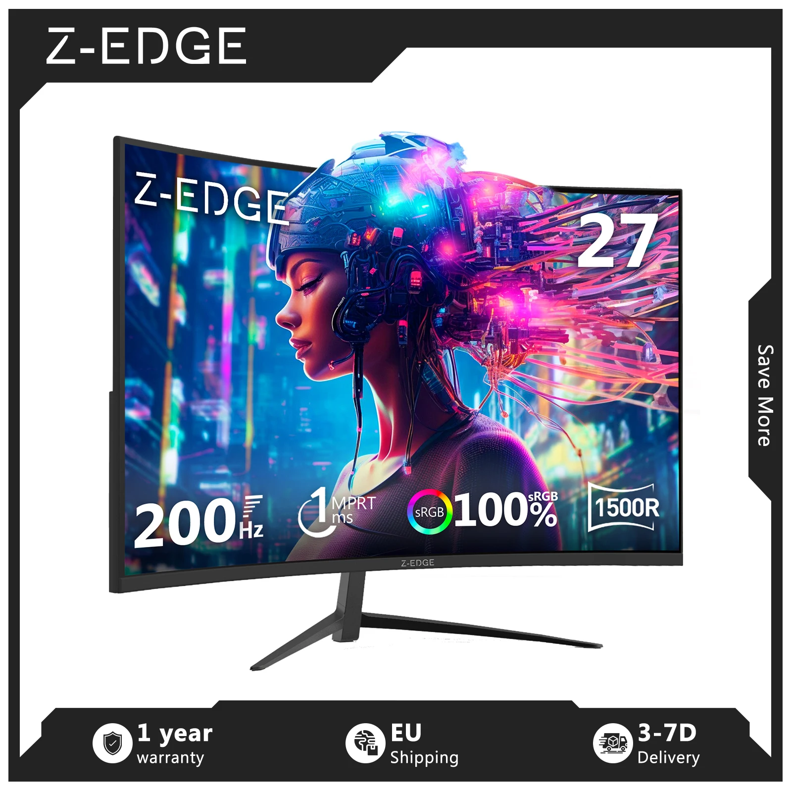 Monitor curvo para juegos Z-EDGE de 27 pulgadas 1K 1920 x 1080 Full HD, 200Hz, 1ms MPRT, panel VA 16:9, HDR10, FreeSync, curvatura 1500R, 350cd/m², 16.7M colores de visualización, Compatible con VESA