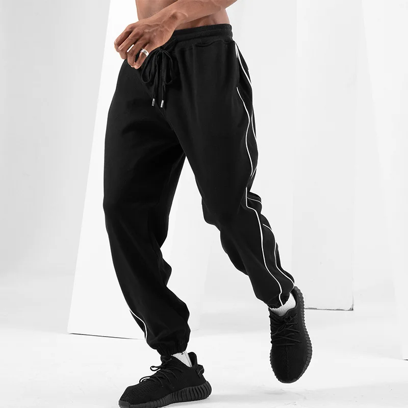 

DUYIT Side Vertical Strip Solid Color Loose Trousers Men's Spring/Autumn Elastic Waist Tie Sports Casual Sweatpants