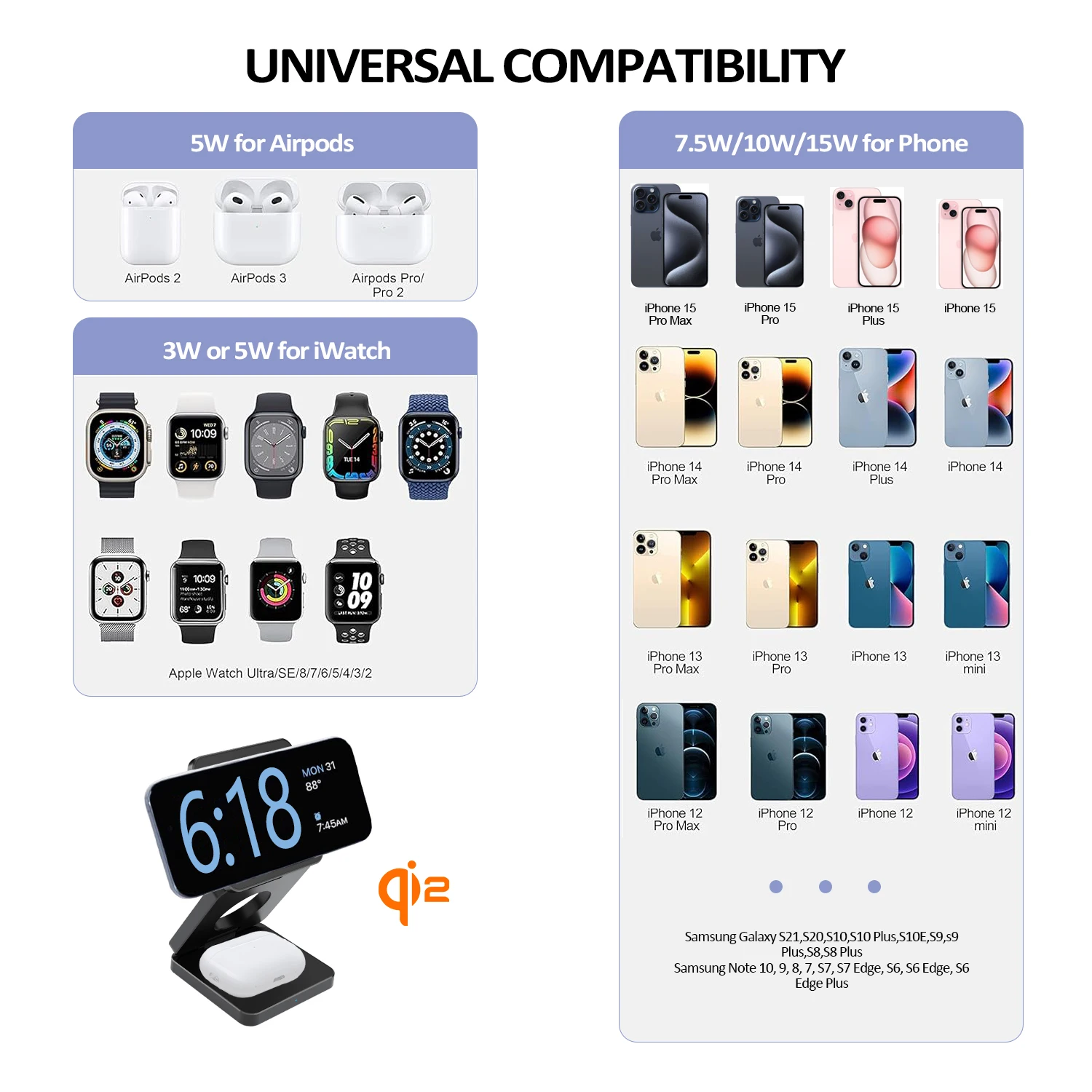2024 New Qi2 Wireless Charger 3-in-1 Fast Charging Station Stand Folding Holder for iPhone 16 15 14 Pro Max Airpods Apple Watch