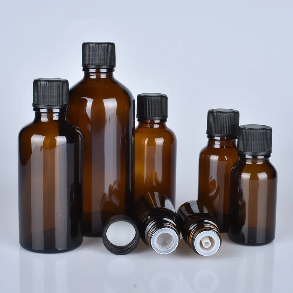 6 sztuk/partia 100ml 50m 30ml 20ml 15ml 10ml 5ml 1/3oz 1oz gruby bursztyn niezbędne szklane butelki na olej z czarna nakrętka pojemniki szklane — zdjęcie 2