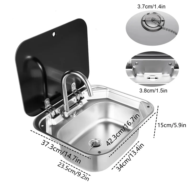 RVS wasbak voor camper/caravan met warm- en koudwaterkraan, opklapbare kraan en deksel van gehard glas - afbeelding 1