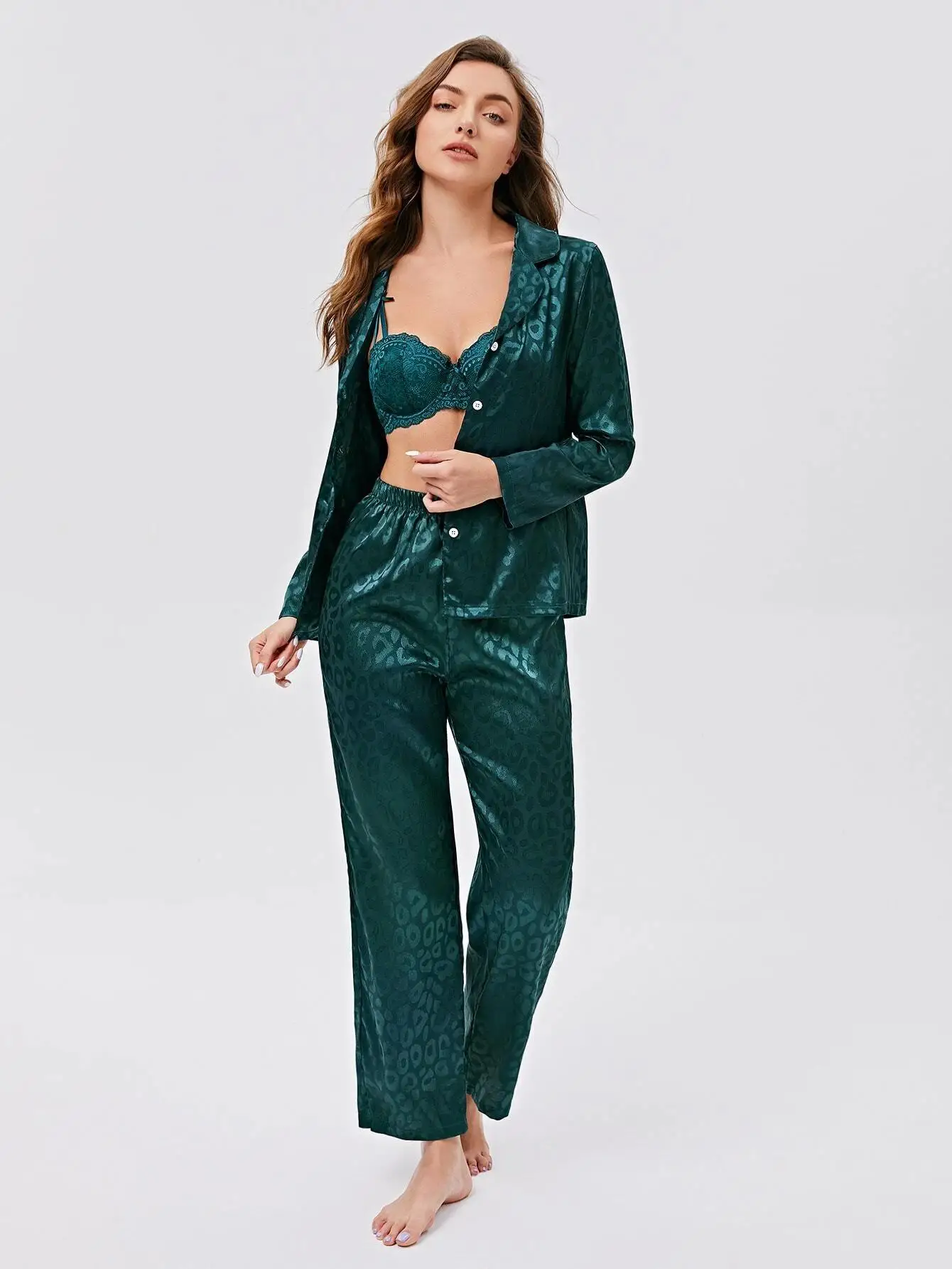 2 Pieces Set 2022 New Silk Women's Pajamas Long-sleeved Two-piece Multicolor Loose Leopard Print  Home Service