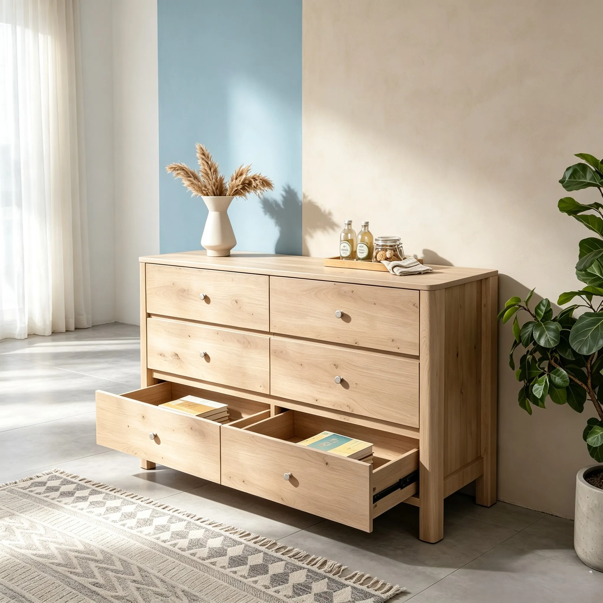 Une commode à six tiroirs offrant un grand espace de rangement, idéale pour les salles à manger, les salons et les chambres. 120 × 40 × 80 cm
