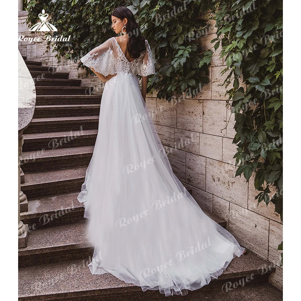 Boho Lace Half Flare Sleeve Wedding Dress 2023 V Neck Tulle Long Court Train A Line Bridal Gowns Women Elegant Vestidos De Novia