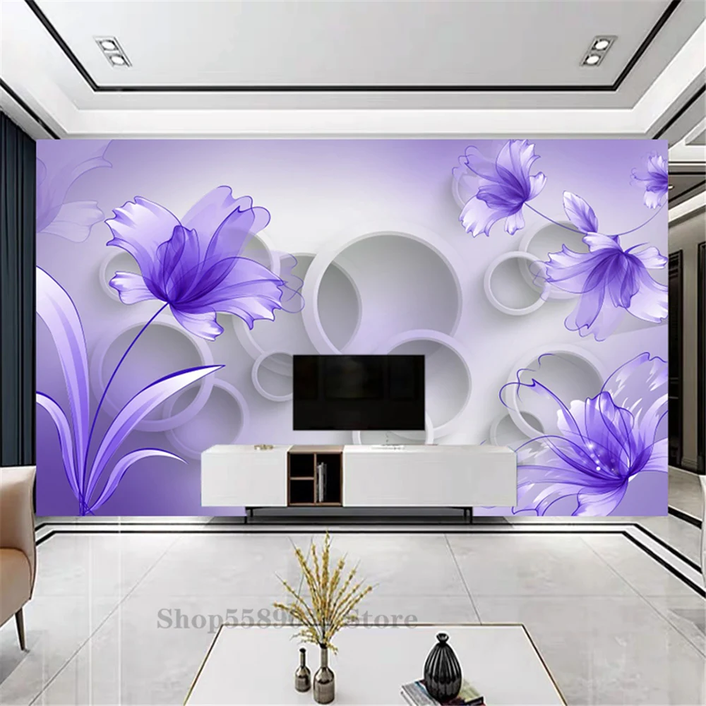 Mural de pared de flores violetas para sala de estar, Fondo de TV y sofá, papel tapiz impermeable no tejido de gran tamaño, arte decorativo moderno para el hogar