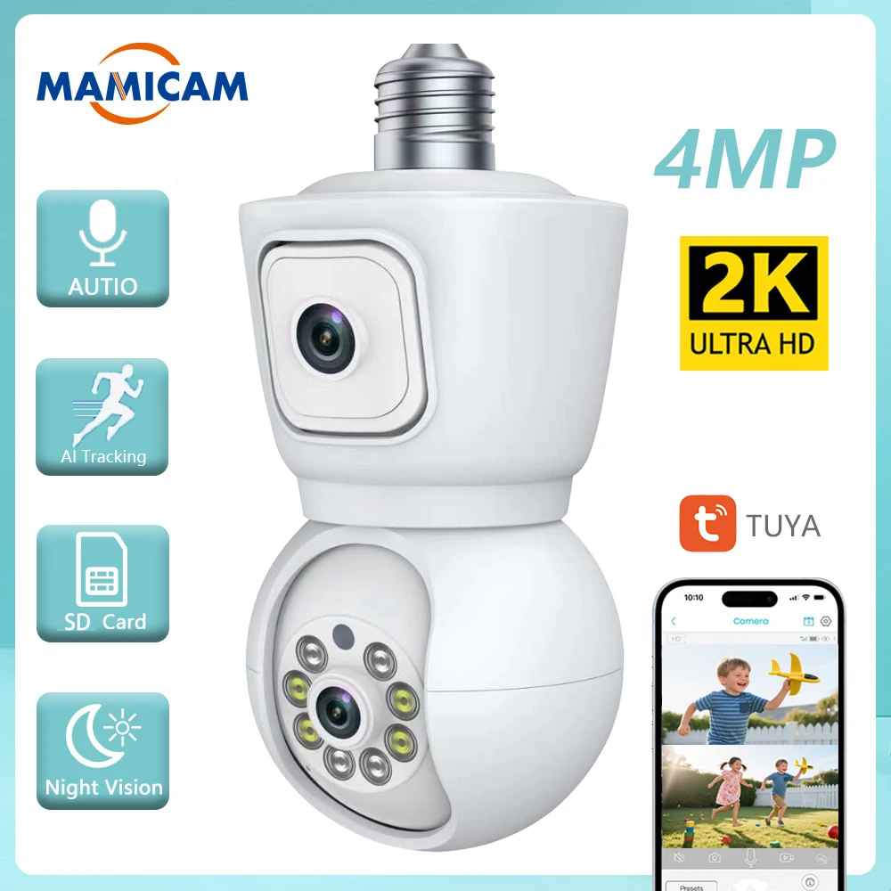 Tuya 2K 4MP HD PTZ WiFi Dual Lens Dual Screen Bulb Camera Tuya Smart Life Security Video Surveillance Camera Ai Human Auto Track