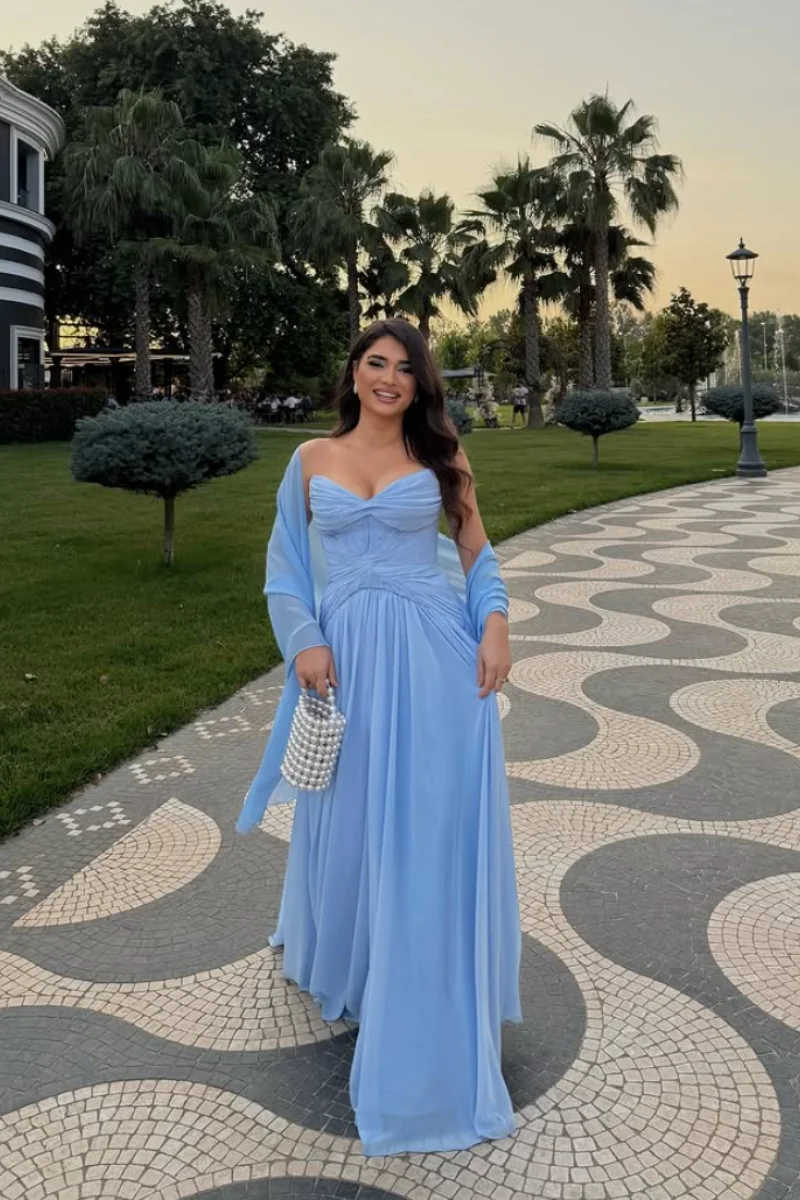 Annie Sky Blue فساتين حفلة موسيقية خارج على الكتف مطوي فساتين سهرة شيفون للمناسبات الخاصة فساتين حفلات الزفاف