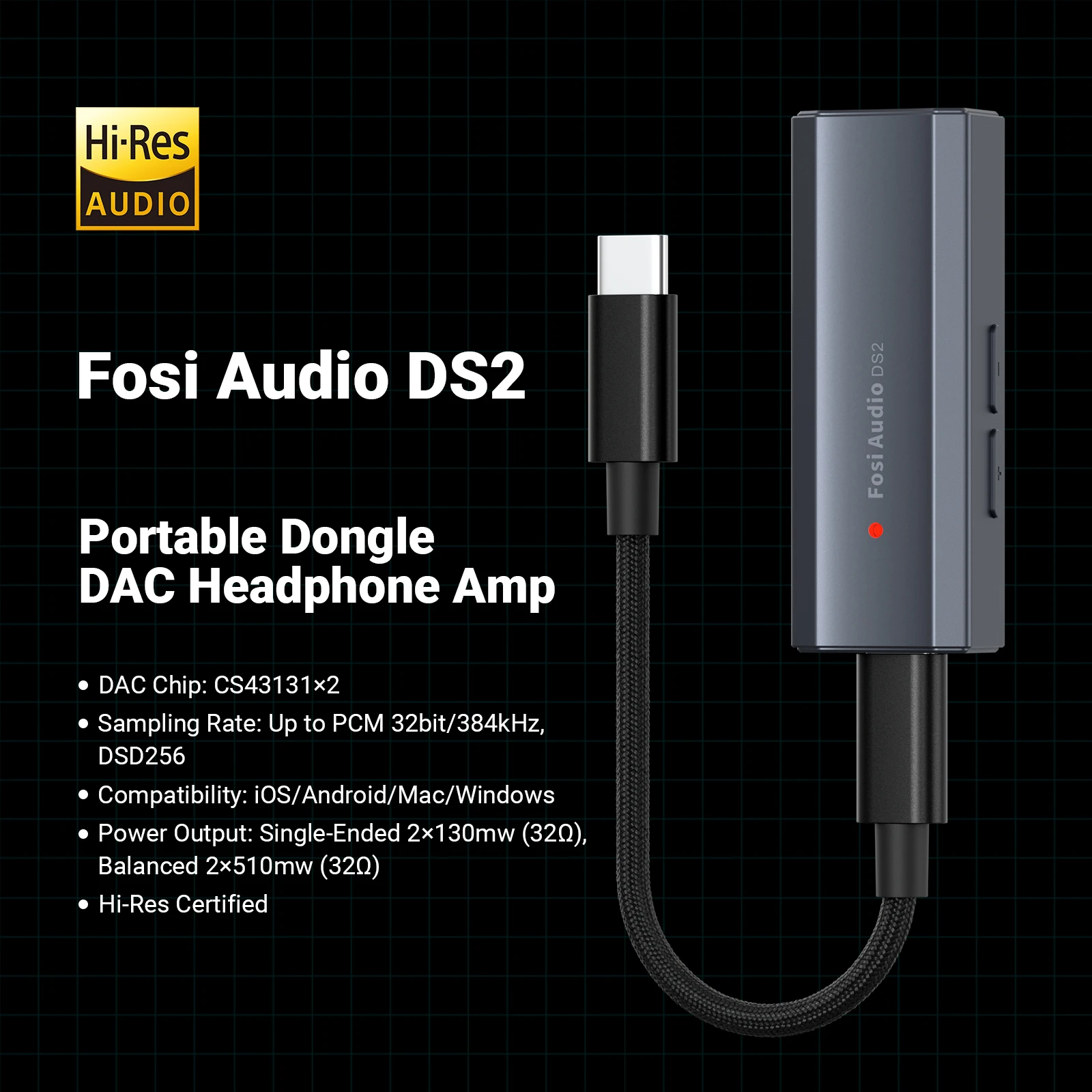 Fosi 오디오 USB DAC 헤드폰 앰프, DSD DAC 앰프 지지대, 3.5MM 및 4.4MM 듀얼 출력, 32 비트, 384kHz, DS2 2024, 신제품