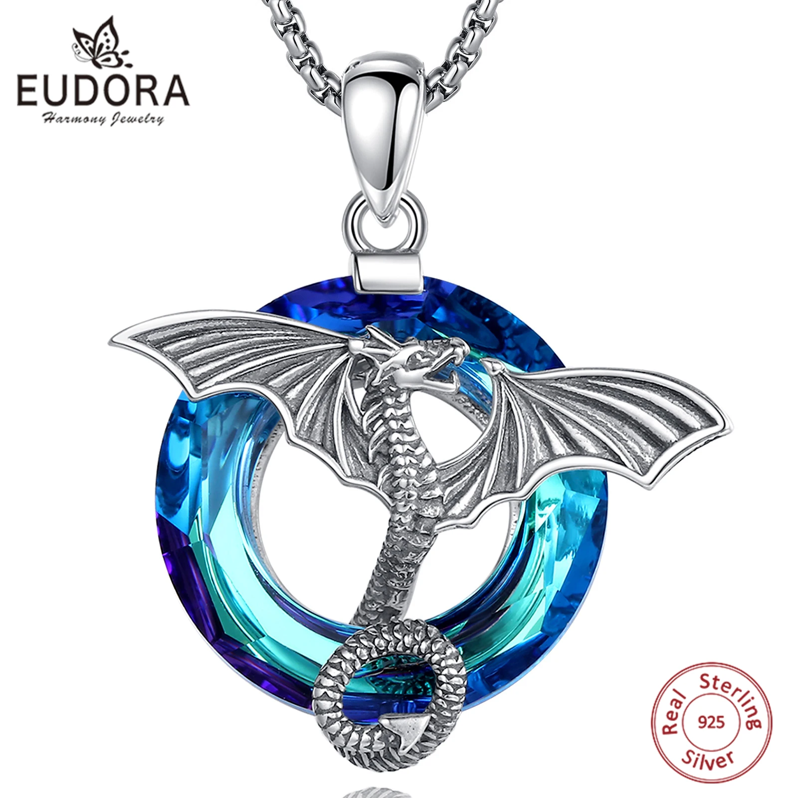 Eudora 925 Sterling Silver Dragon Necklace Austrian Crystal Mythology Dragon Pendant Pagan Spiritual Jewelry Gift for Women Men