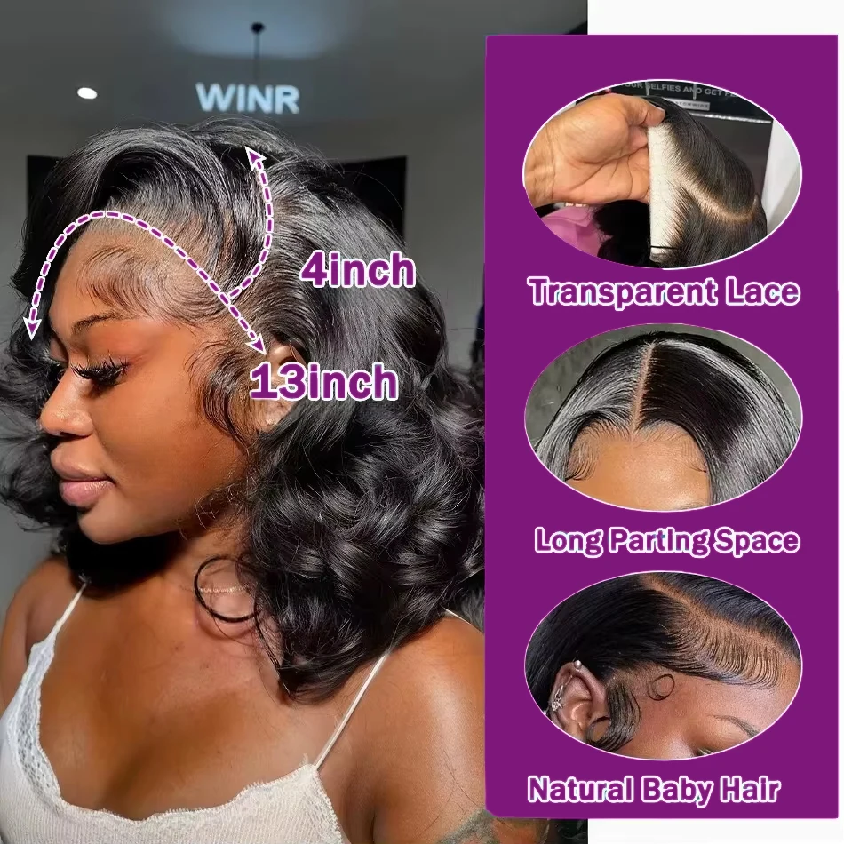 วิกผมบ๊อบลอนคลื่น ความหนาแน่น 250% วิกผมแท้แบบผูกเชือกด้านหน้า 13x4 วิกผมบ๊อบสั้นผมแท้บราซิล สีดำธรรมชาติ สำหรับผู้หญิง