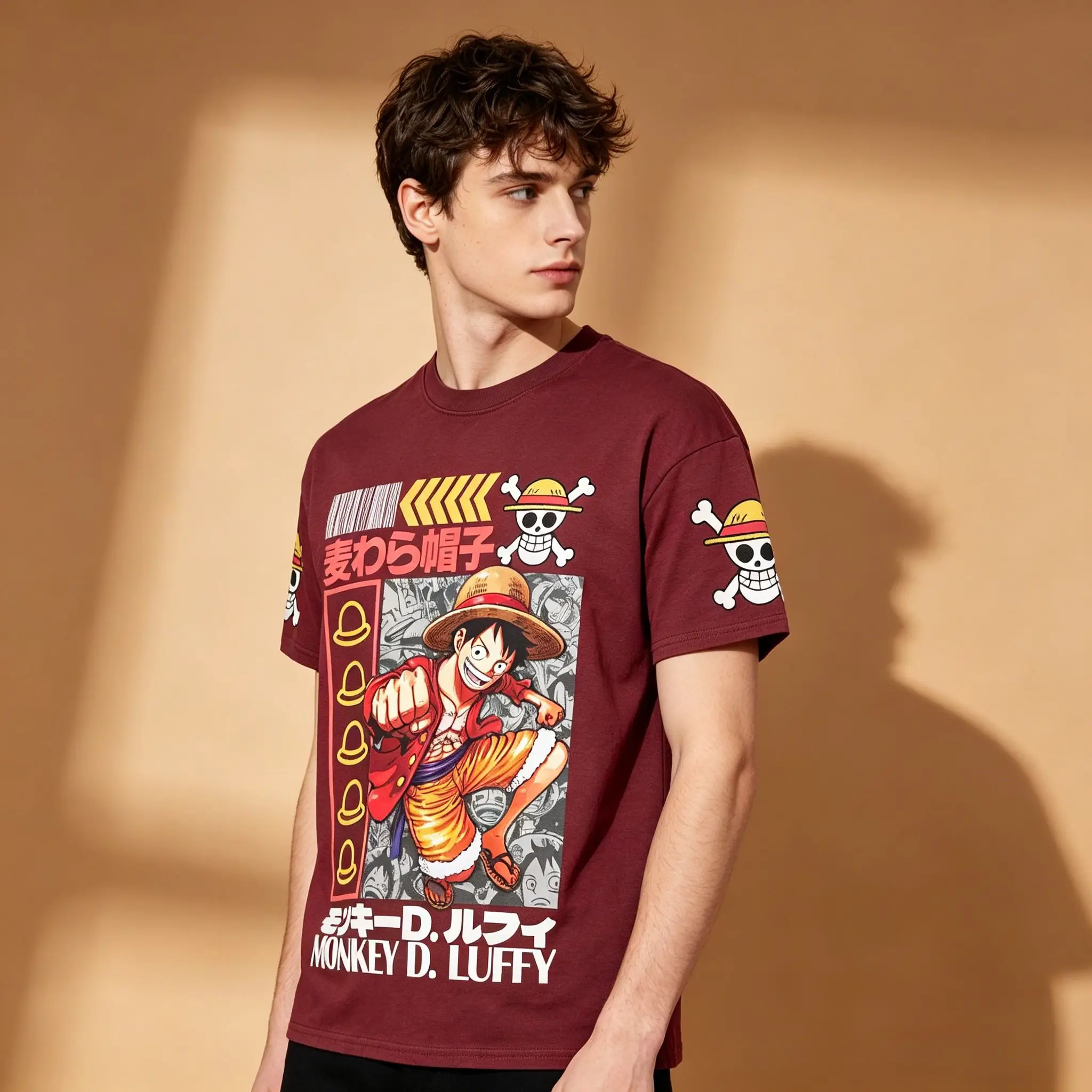 Herren-T-Shirt „One Piece Monkey D. Luffy Straw Hat Pirates“ mit japanischem Text und Ärmeldruck, Rundhalsausschnitt, Burgunderrot, Vintage Otaku Stre – Detail 5