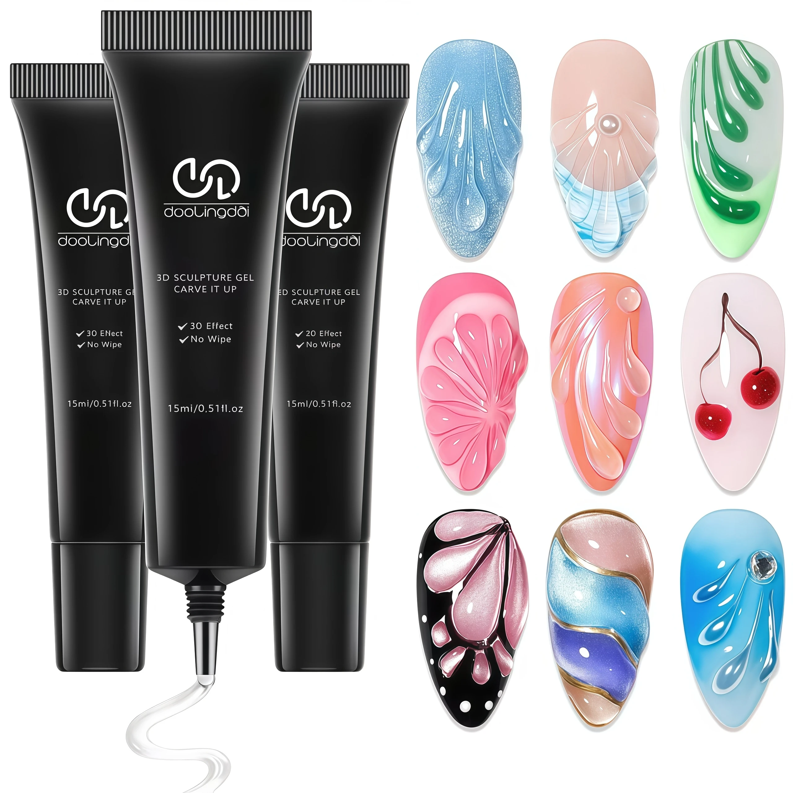 DOULINGDAI 3D SCULPTURE GEL for Nail Art - 3PCS Clear No Wipe Nail Polish,Rhinestone for Nail Gems and Diamond Jewelry Manicures