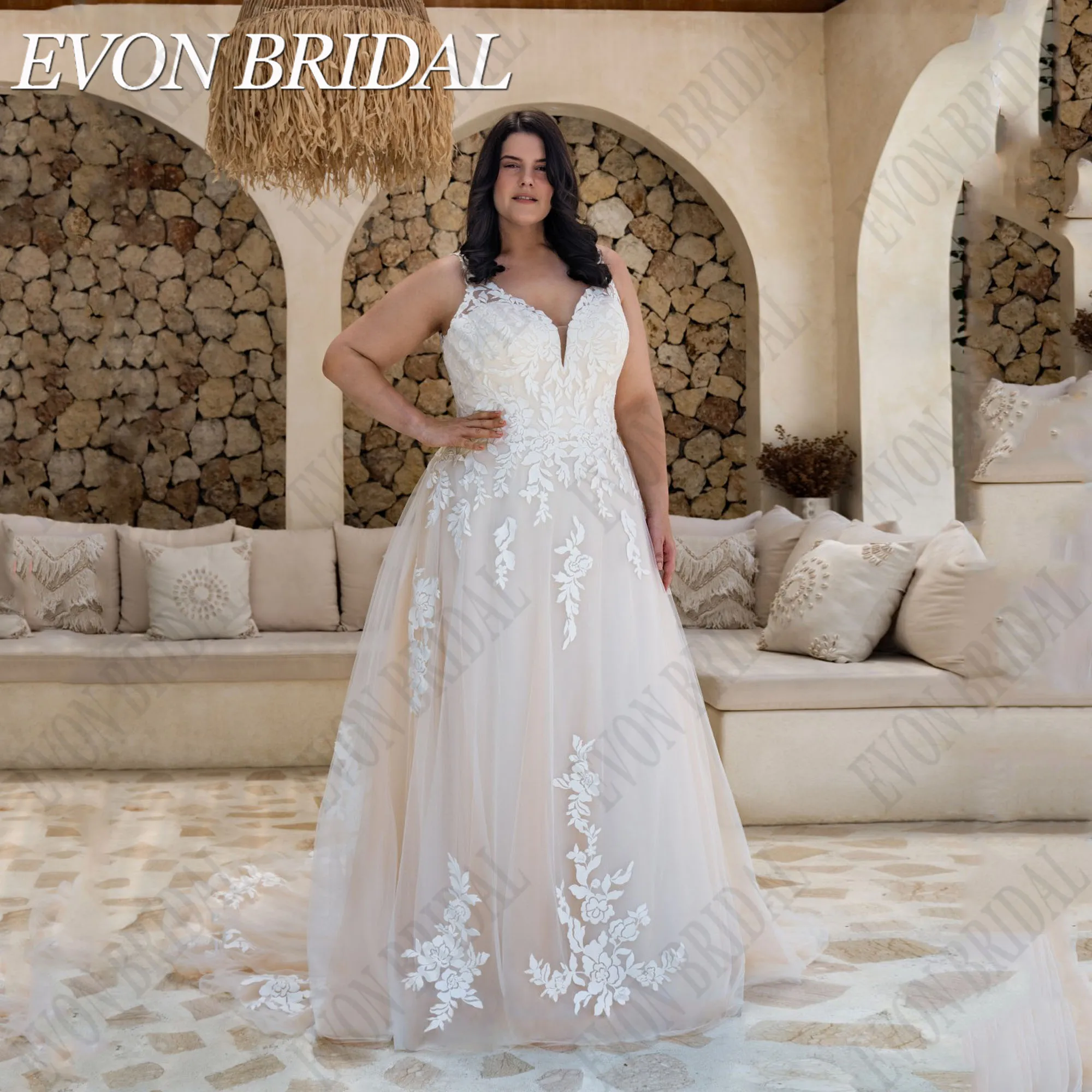 

EVON BRIDAL Plus Size Sleeveless Wedding Gowns A-Line Double V-Neck Applique Tulle Boho Bride Dress Vestido De Noiva Custom