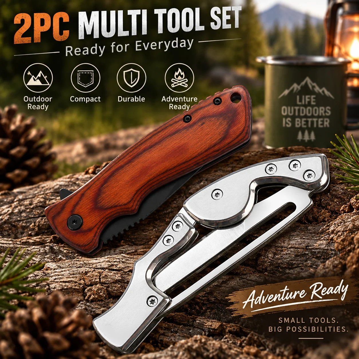 Set di utensili multiuso da esterno composto da due pezzi: include un utensile con manico in legno e un utensile tascabile in acciaio inossidabile dal design minimalista; kit di sopravvivenza