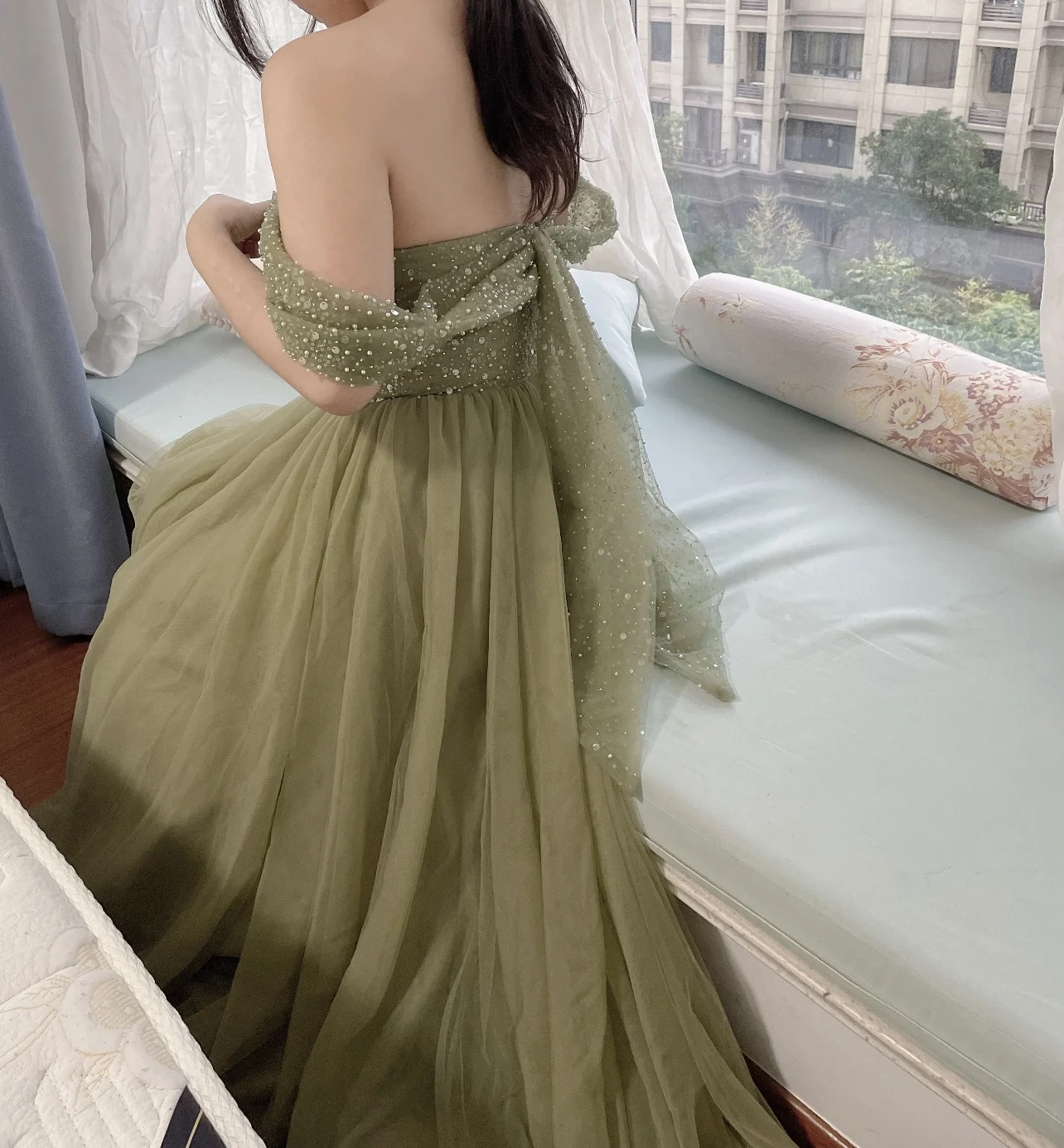 Dathy Green Off Shoulder Prom Shiny Dress Tulle Party Robe Dress Princess A Lline Evening Dress Formal Occasion Dresses