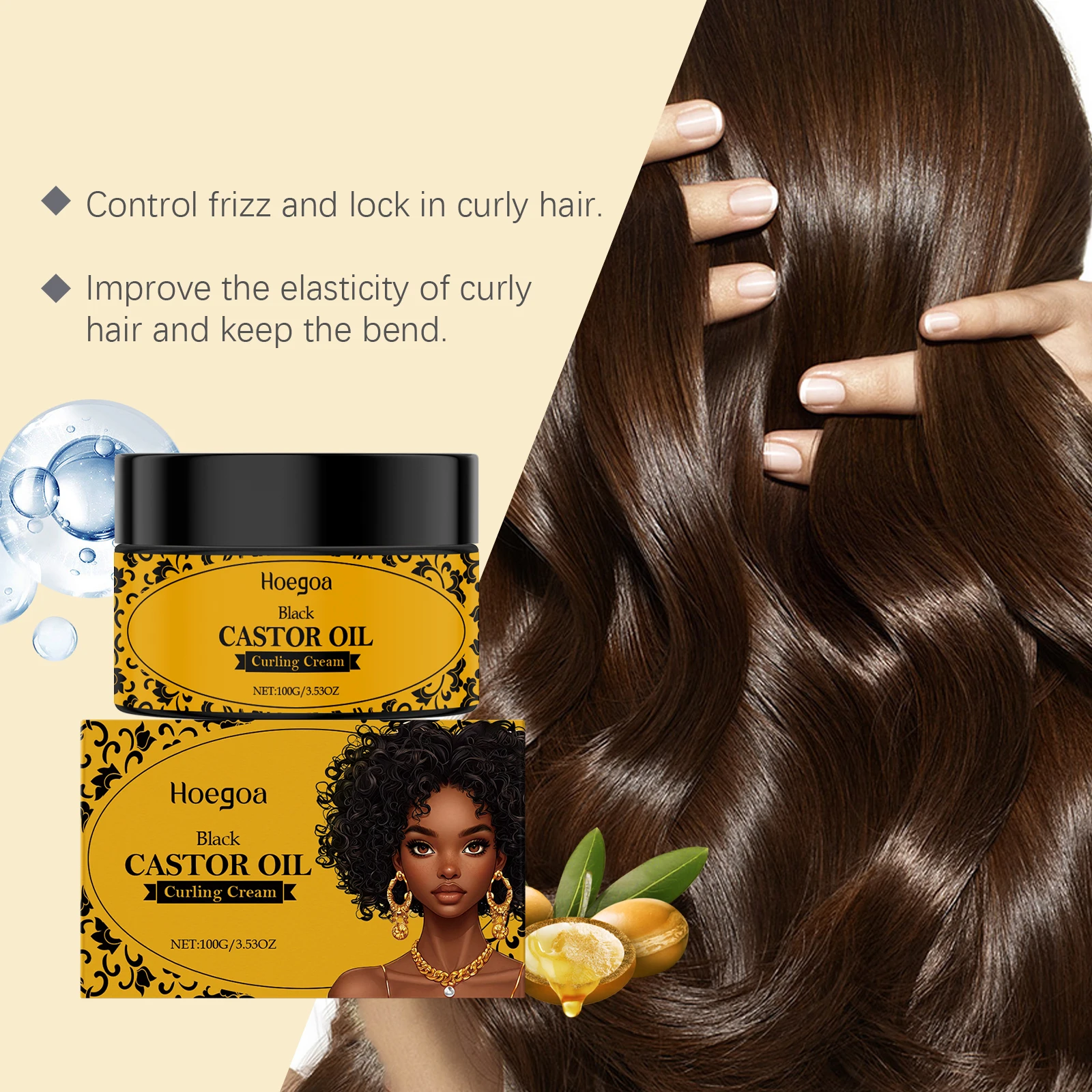Hoegoa Olejek Rycynowy Krem do Kręcenia Włosów Delikatny Trwały Stylizacja Włosów Zapobiegający Puszeniu Nawilżający Wygładzający Krem do Stylizacji