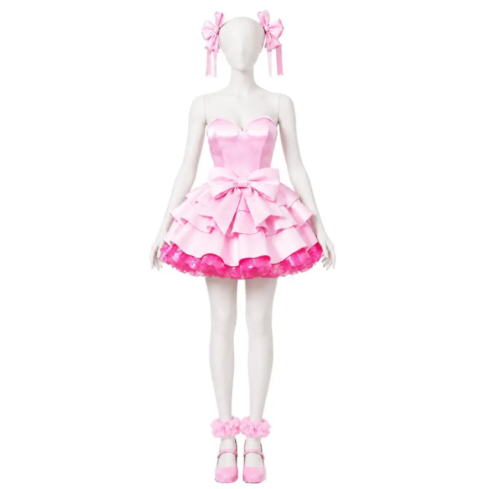 Mizi Cosplay Alien Stage Zombie State Costume Wig Pink Mini Dress Pink Earphones Bow Glitter Ruffle Skirt Idol Stage Outfit view 2