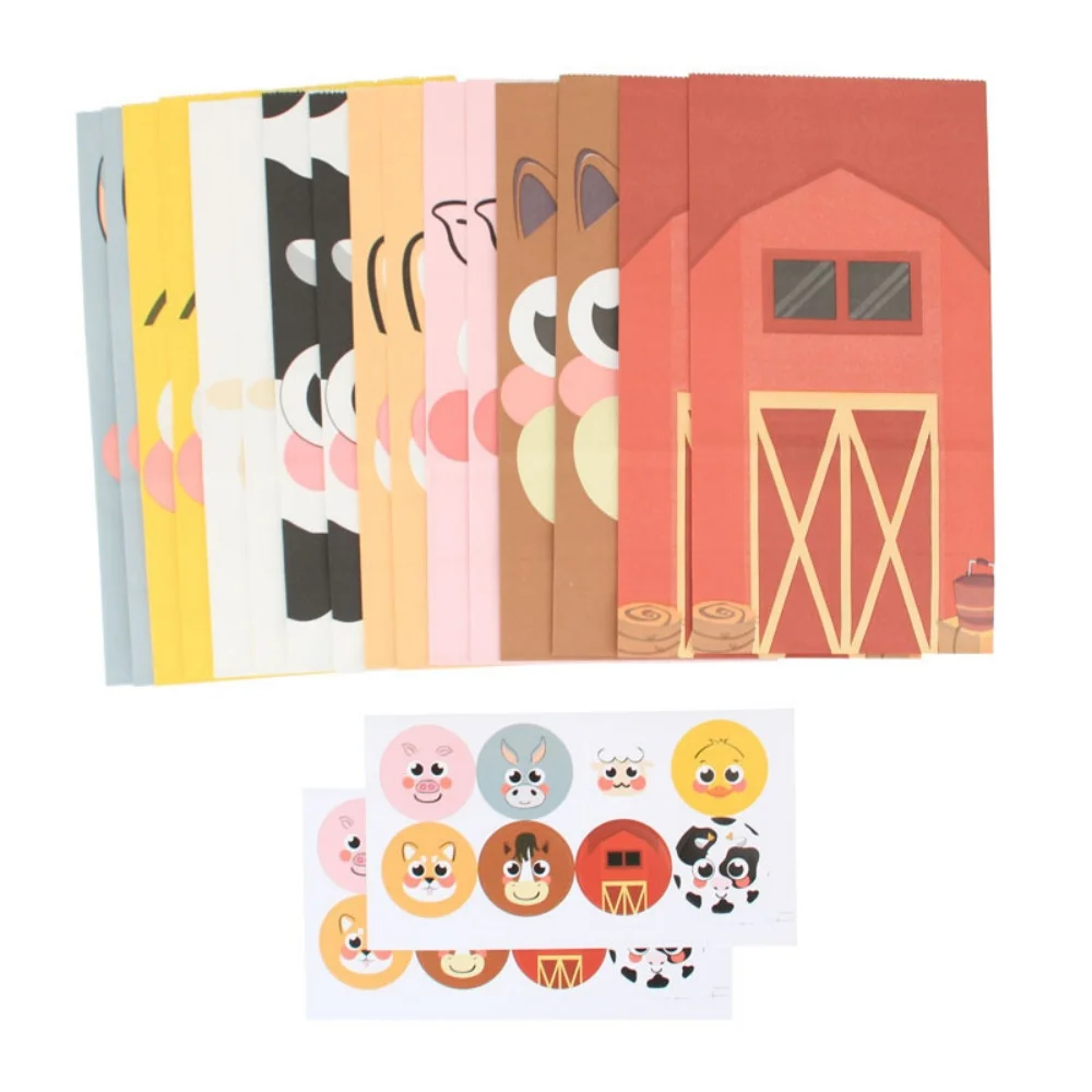 24pcs farm animal paper gift bag, foldable sticker seal suitable for packaging party gifts, candies, pastries, and various items