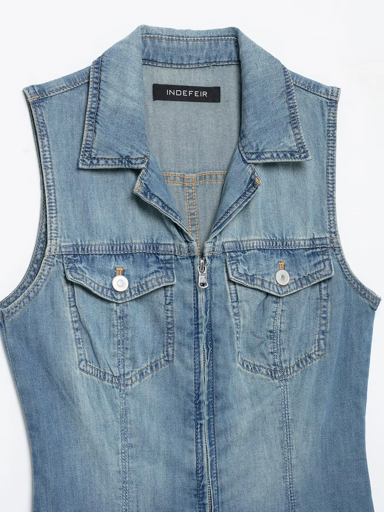 Women Vintage Denim Mini Dress Zipper Front Sleeveless Lapel Pleated Jean Dress Y2K Streetwear Slim Summer Sundress - view 3