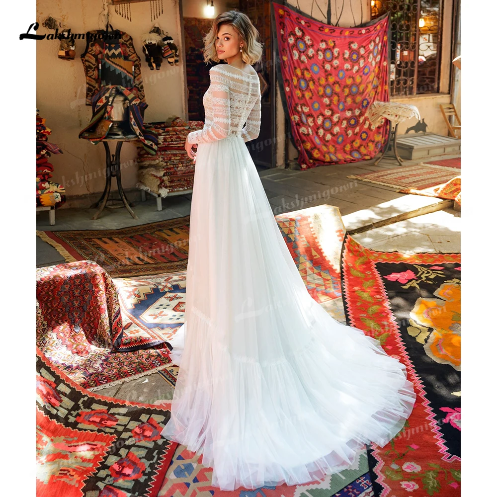 Lakshmigown Boho cuello redondo manga larga botón trasero encaje Top tul una línea vestido de novia personalizado vestidos de novia