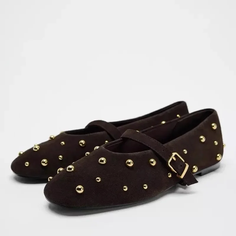 2025 Summer Brand Mary Jane Shoes for Women Fashion Rivet Suede Classic Retro Brown Casual Soft Bottom Comfortable Ladies Flats — zdjęcie 2