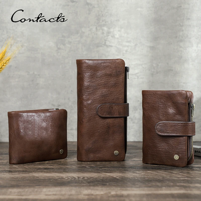 CONTACT'S Genuine Leather Men Wallets RFID High Quality Hand-Scratched Leather Card Holders Coin Purses Money Clips Male Wallets