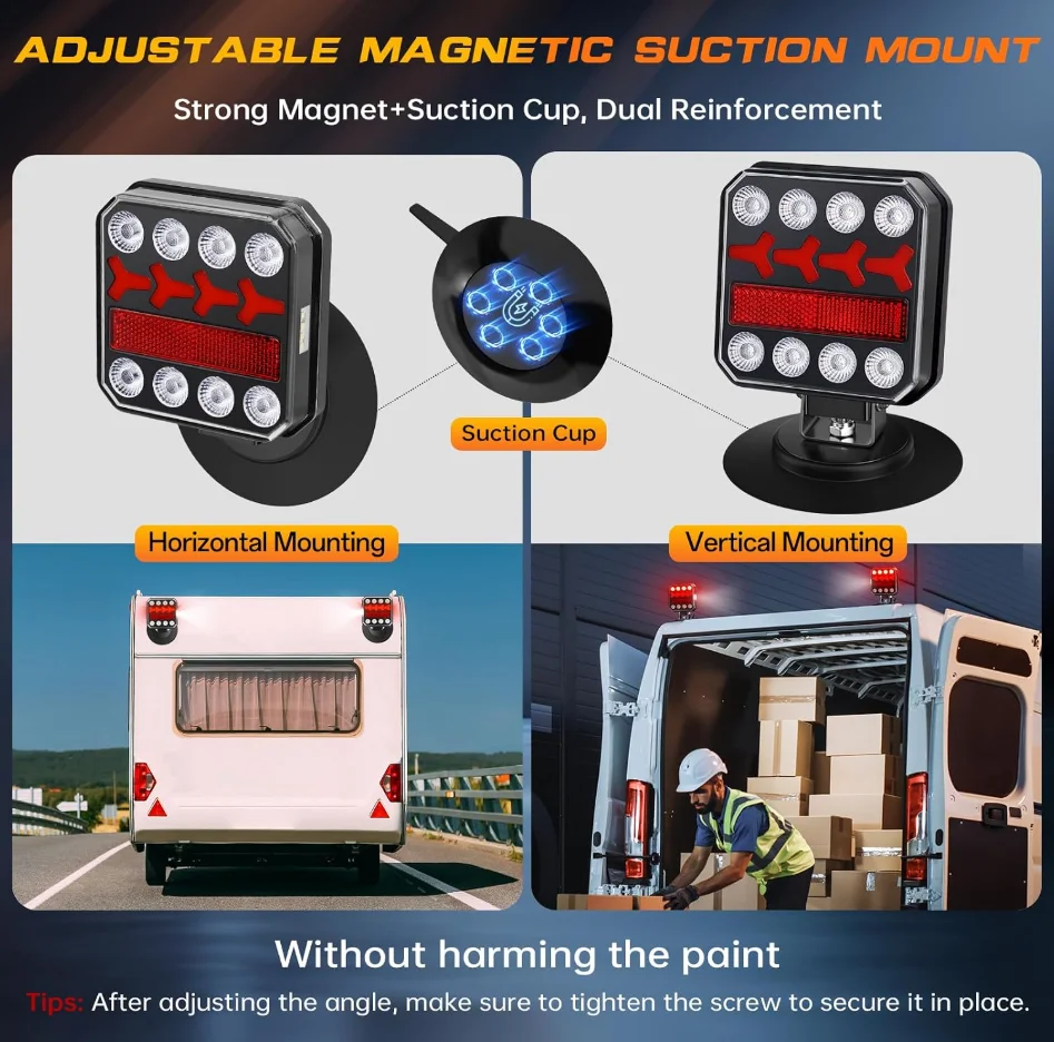 Wireless LED Trailer Tail Light Kit Magnetic Base Waterproof Rear Brake Turn Signal Reverse Lamp Rechargeable Trailer Lights for Truck RV Boat Tractor Utility Trailer Complete Accessory Set