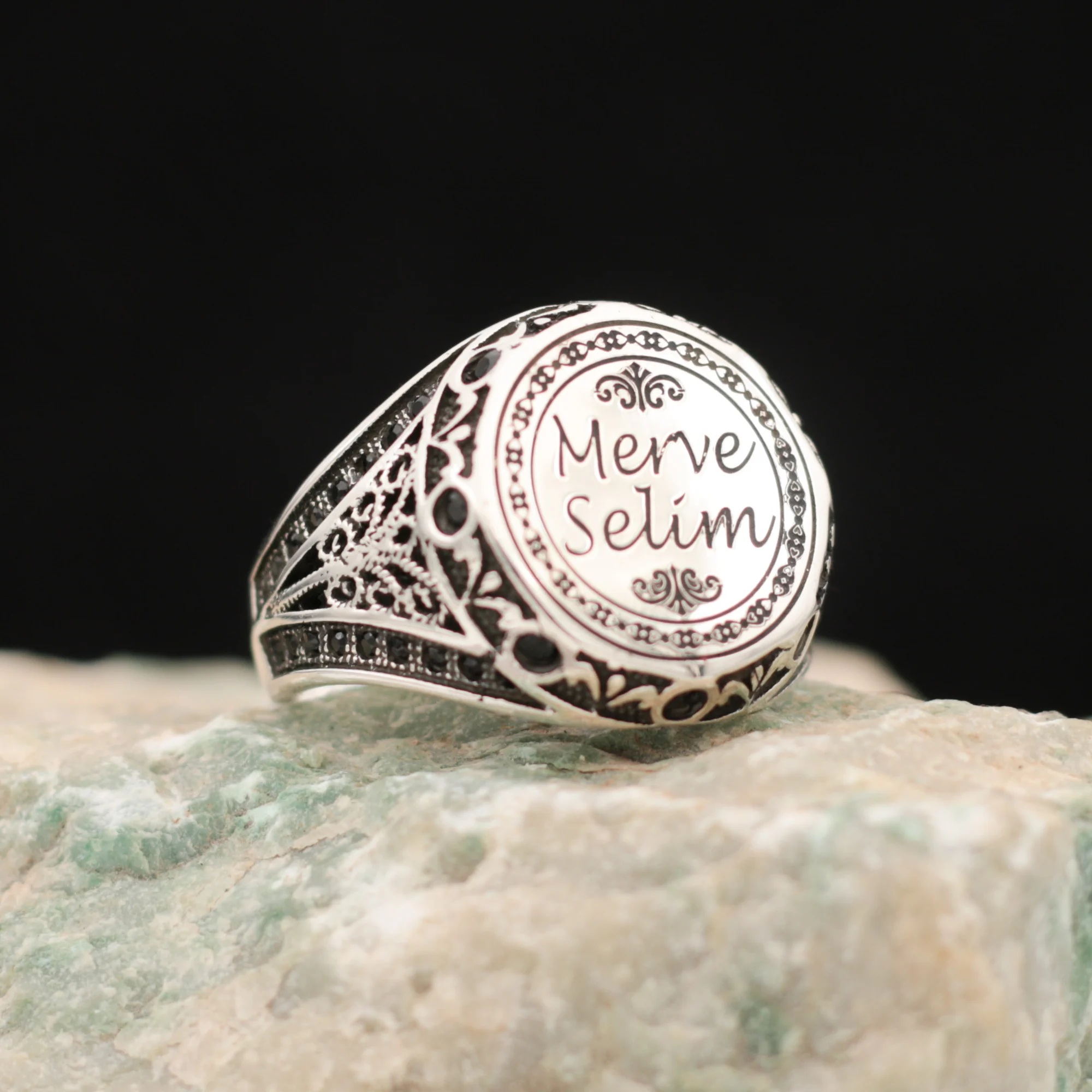 Personalized Original 925 Sterling Silver Ring for Men With Black Zircon Stones Two Names Can Be Written On Order