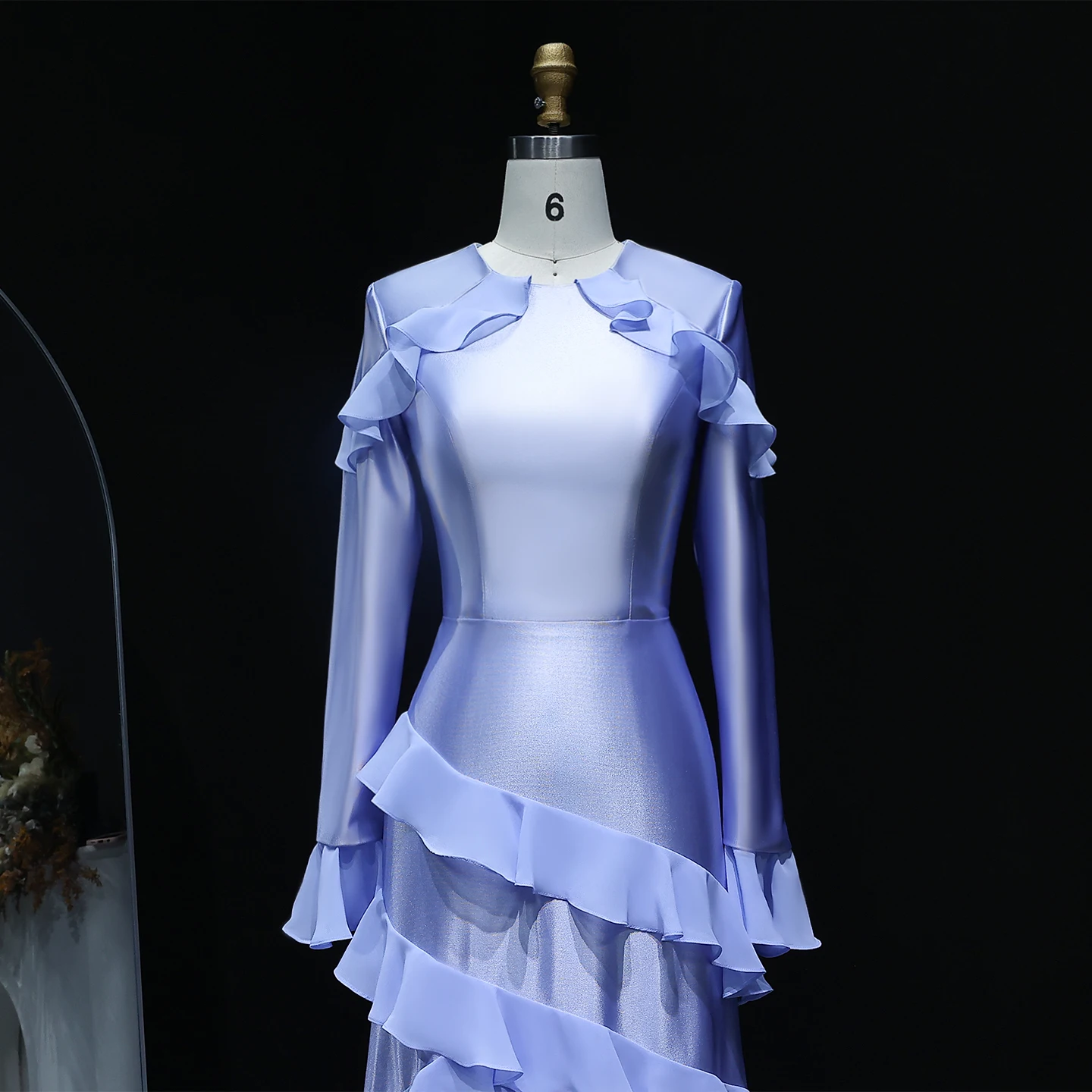 Sharon Said Abiti da sera a sirena con volant blu e maniche lunghe per le donne Abito da cerimonia nuziale SF585 Personalizzato فسات evimavera